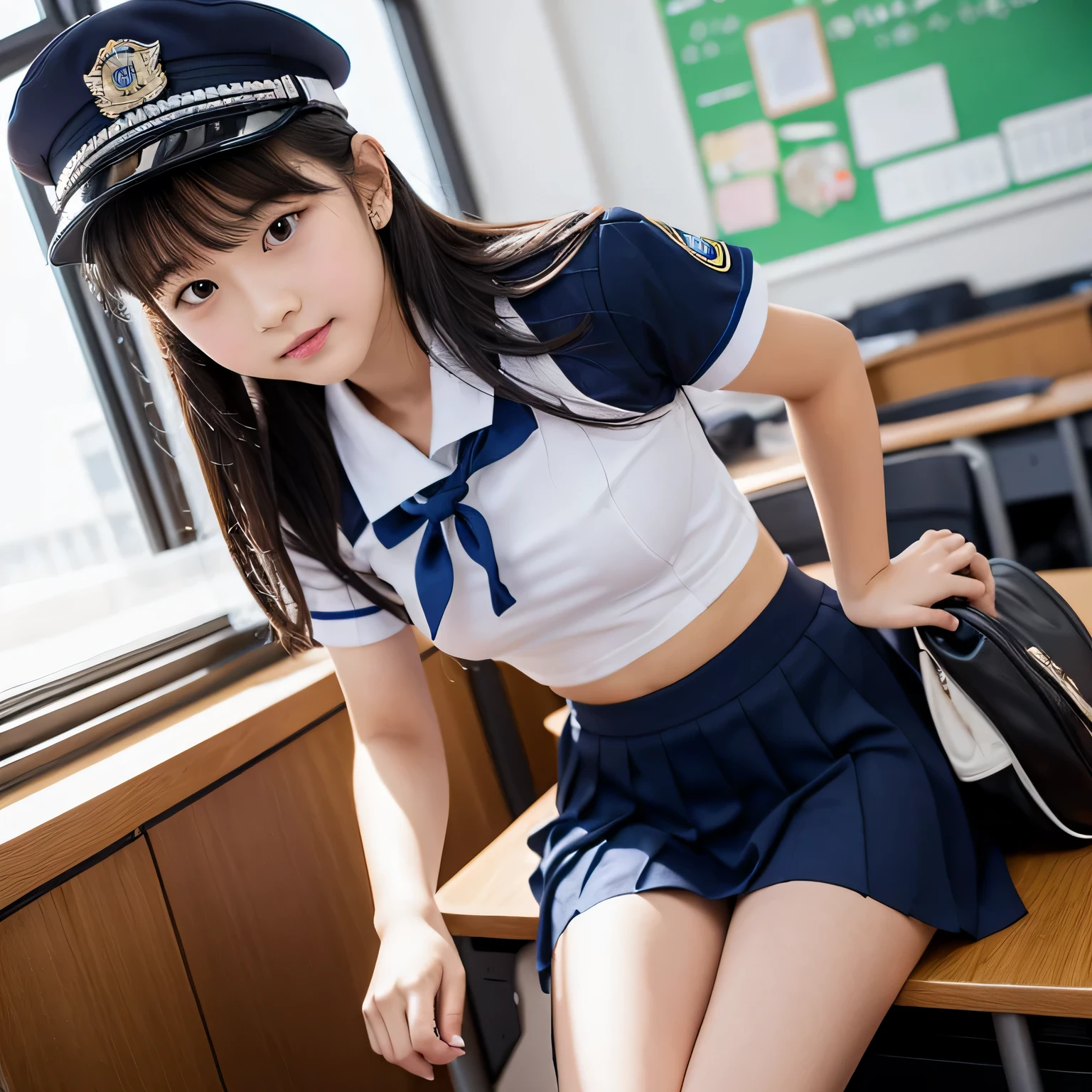 beautiful illustrations、highest quality、ultra high resolution、Professional specifications、(((Elementary school student leaning forward with both hands on the desk.))、((School Classroom Desk))、light blue school sailor uniform、very short skirt、((Police Officer Cap))、short sleeve、&#39;face、looking at the viewer、raise your butt