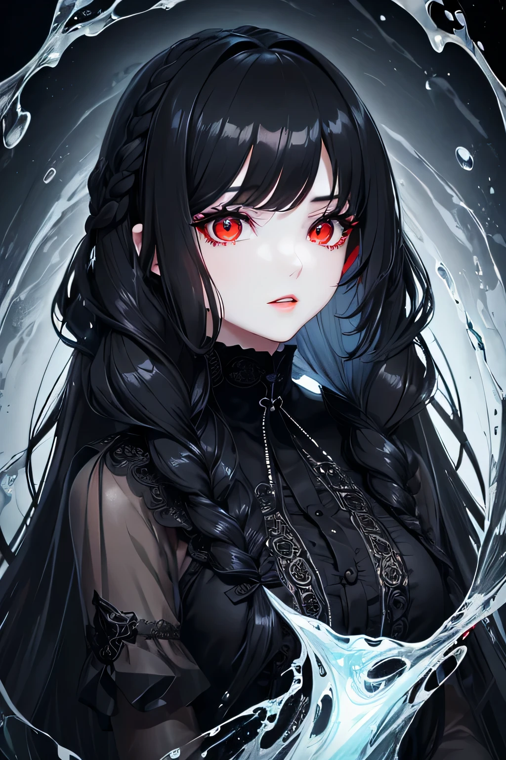 1 girl,Depp's Sense,confused,catch light,Super beautiful illustration,(water magic),((black color,long hairstyles:1.3)),dark dark eyeshadow,bright red lipstick,Gothic ta,;d,beautiful and delicate hair,(((delicate and detailed red eyes))),light blue light effect,light blue aura