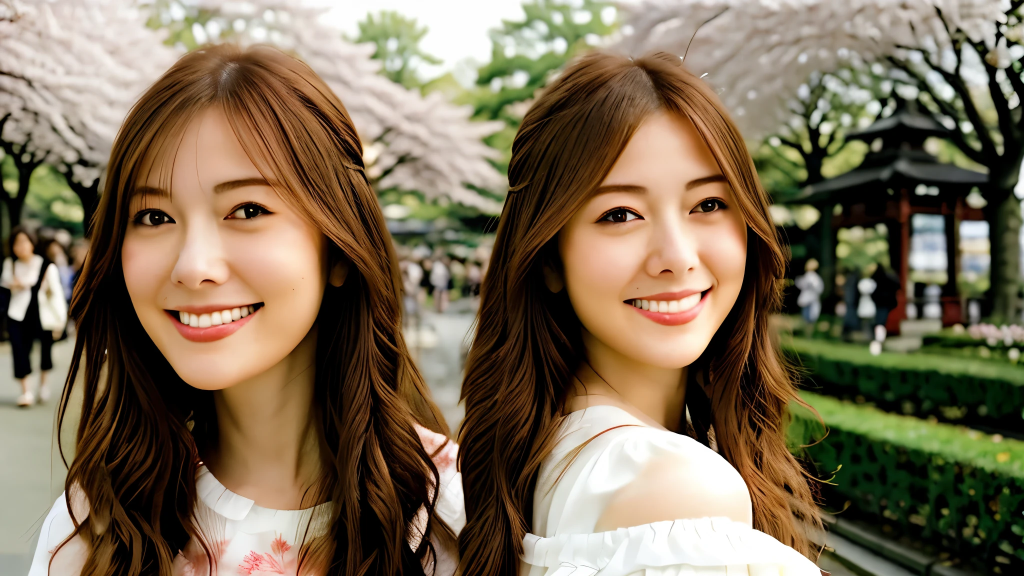 Instagram pictures, a French Girl, Shoulder length hair, with light blonde hair, Close-up photo, Walking in a public garden with cherry blossom, Japan, smiling a little,