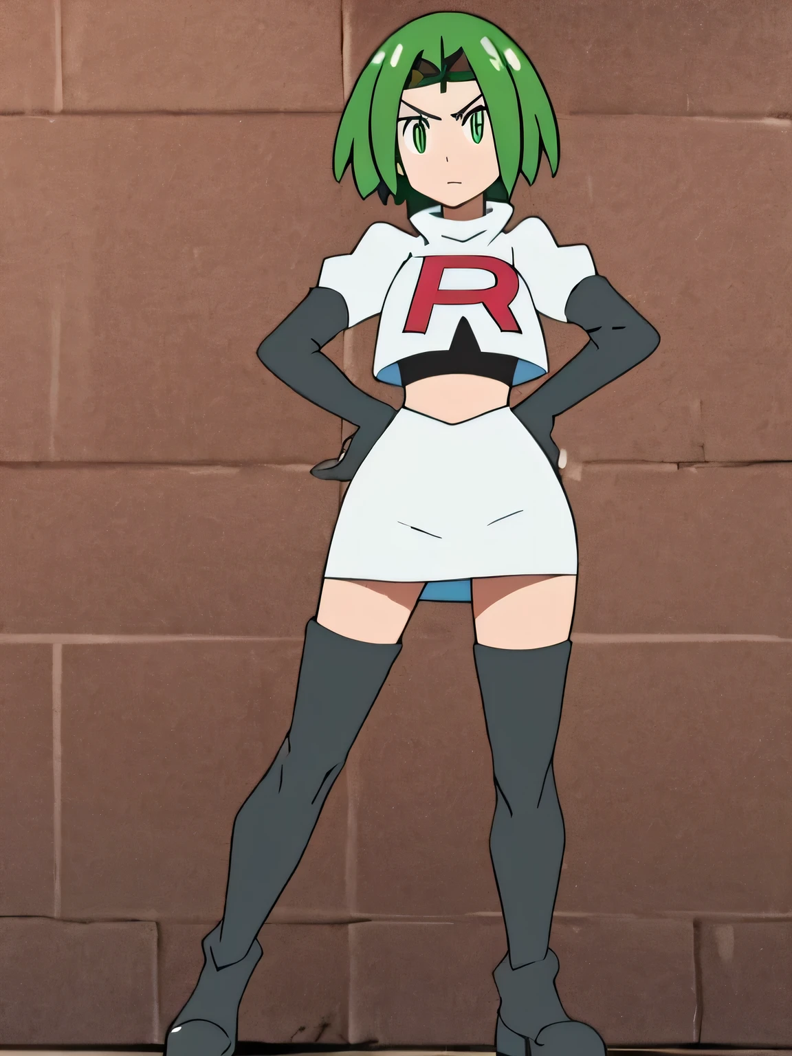 Zelda, green eyes, short hair ,masterpiece, best quality, highres,team rocket uniform, red letter r, white skirt, white crop top, black thigh-high boots, black elbow gloves, glaring angrily, looking at viewer, hands on hips, full body seen, zettai ryouiki
