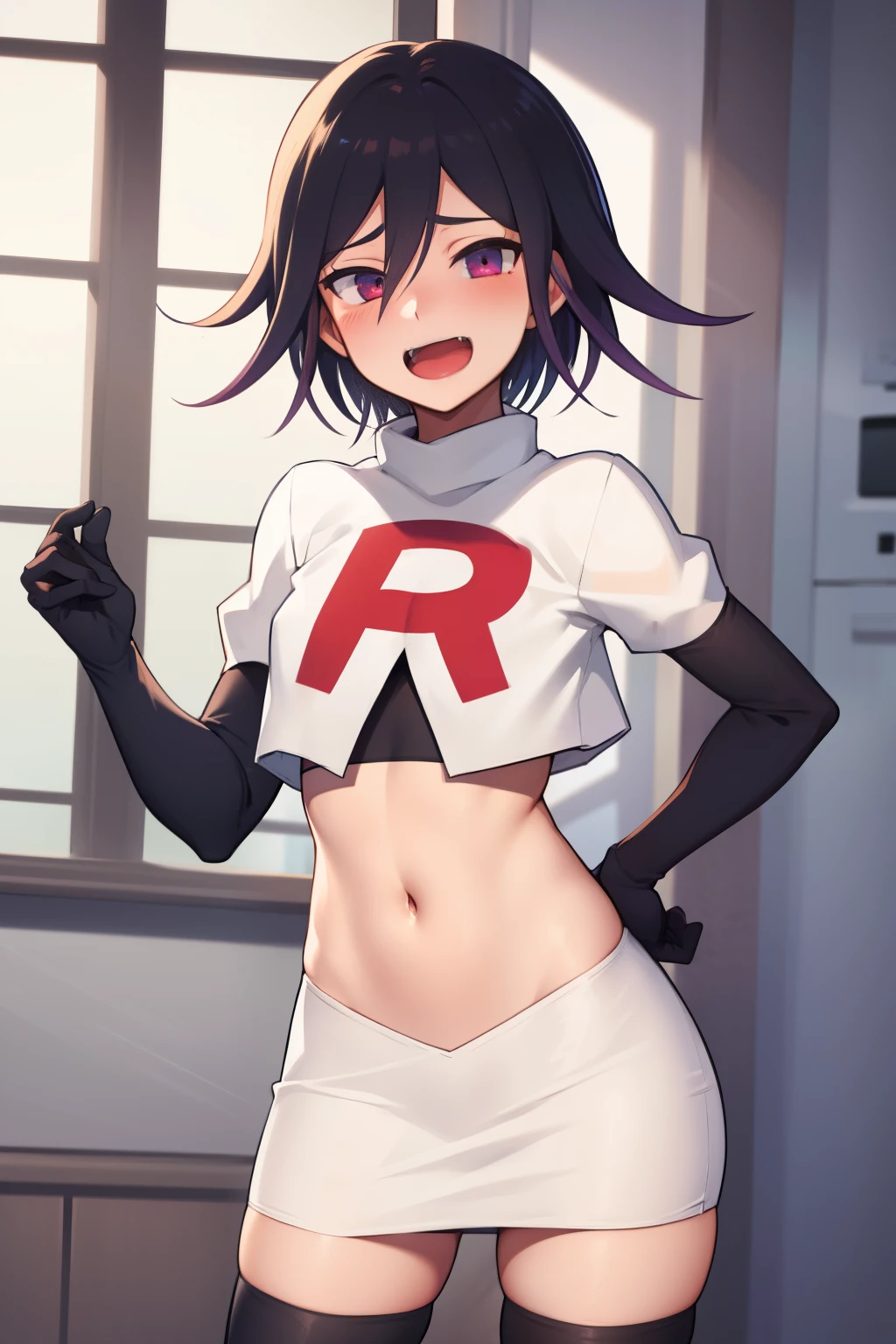 absurdres, cowboy shot, solo, male focus, trap, 1boy, crossdressing,1boy, oma kokichi, team rocket,team rocket uniform,white skirt,red letter R,crop top,black thigh-highs,black elbow gloves, evil laugh, blush