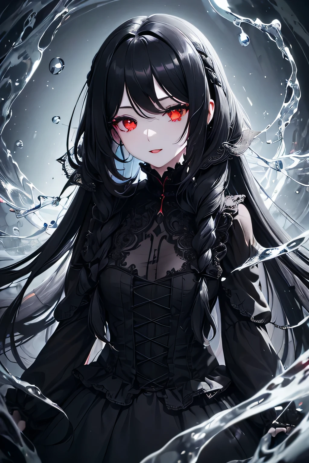 1 girl,Depp's Sense,confused,catch light,Super beautiful illustration,(water magic),((black color,long hairstyles:1.3)),dark dark eyeshadow,bright red lipstick,Gothic ta,;d,beautiful and delicate hair,(((delicate and detailed red eyes))),light blue light effect,light blue aura
