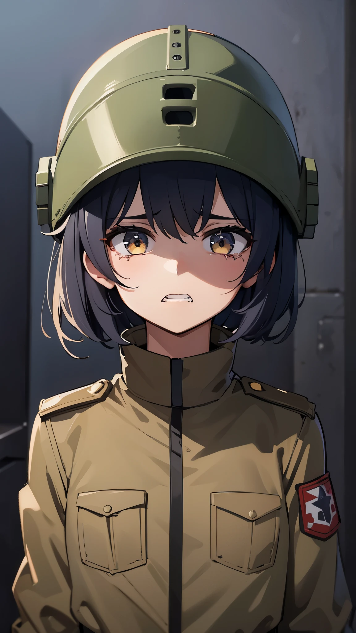 One girl in a military uniform, wearing a helmet, a devastated town, dimly lit sky, anger, looking up, biting, despair, crying.