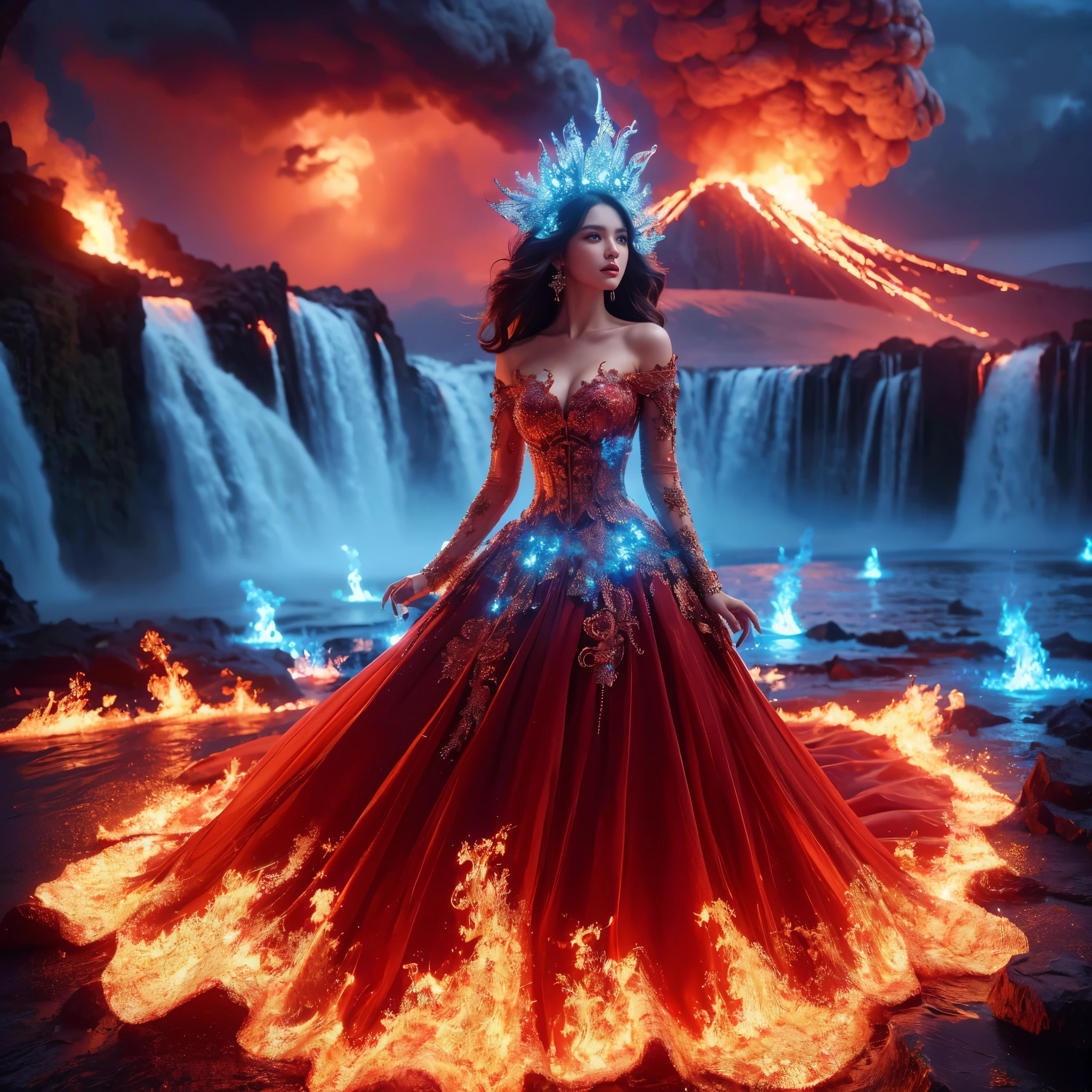 arafed woman with bustier gigantic breast in a flame corset and flame dress in front of a building, wearing an ornate outfit, ornate dress, intricate dress, elegant flame corset, ornate and elegant, extravagant dress, inspired by Hedi Xandt, ornate attire, intricate outfit, ornate royal gown, ornate clothing, ornate gown, intricate and elegant, intricate detailed dress, ornate , royal dress, detailed hand, detailed finger, masterpiece, best quality:1.2),,(8k,highres,RAW photo,realistic,photo-realistic:1.3),(detailed skin texture,detailed cloth texture,detailed flame texture, beautiful detailed face:1.25),professional lighting,photon mapping,beautiful soft light,radiosity,physically-based rendering,raytracing, model shoot style, model shoot style, (extremely detailed CG unity 8k wallpaper), full shot body photo of the most beautiful artwork in the world,