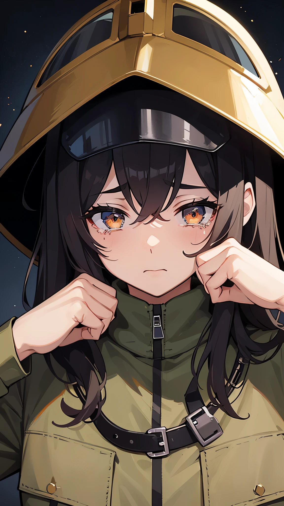 One girl in a military uniform, wearing a helmet, a devastated town, dimly lit sky, anger, looking up, biting, despair, crying.
