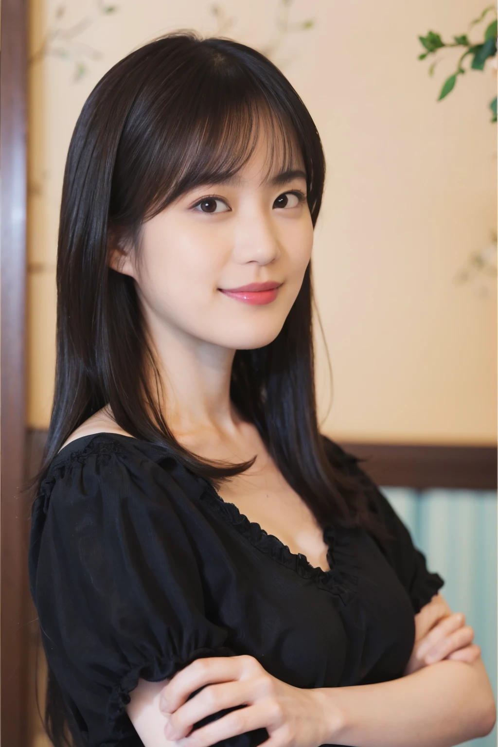 ((1womanl)), (((Black-long-hair))), (masuter piece:1,3)、top-quality、masterpiece、hight resolution、Original、highly detailed wallpaper、jeans, (A slight smil)、a small face、((full breasts))、(Graphic T-shirt)、(light on face)、feminin pose, Beautiful facial features, at cafe, full-shot, full length