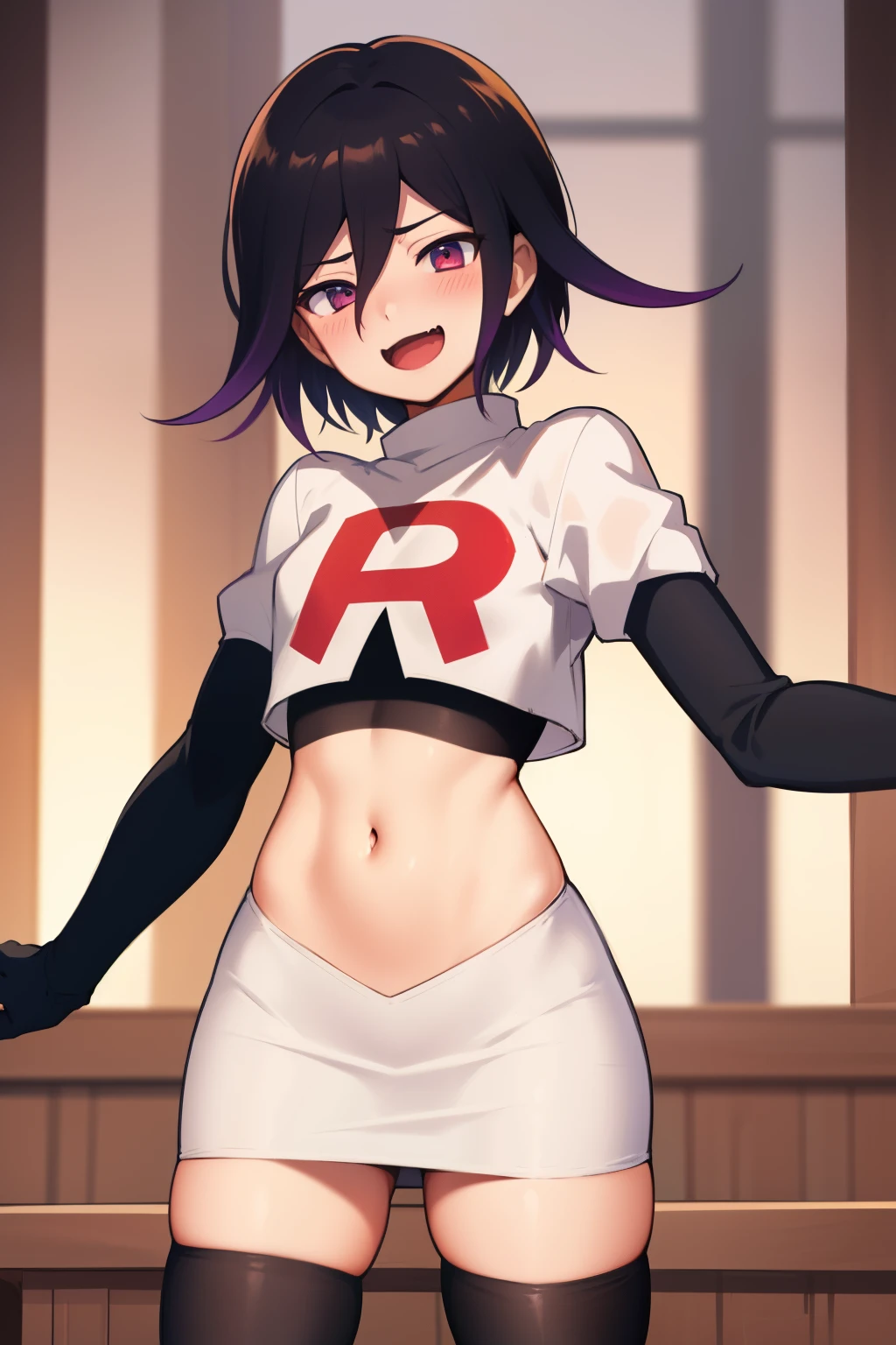 absurdres, cowboy shot, solo, male focus, trap, 1boy, crossdressing,1boy, oma kokichi, team rocket,team rocket uniform,white skirt,red letter R,crop top,black thigh-highs,black elbow gloves, evil laugh, blush