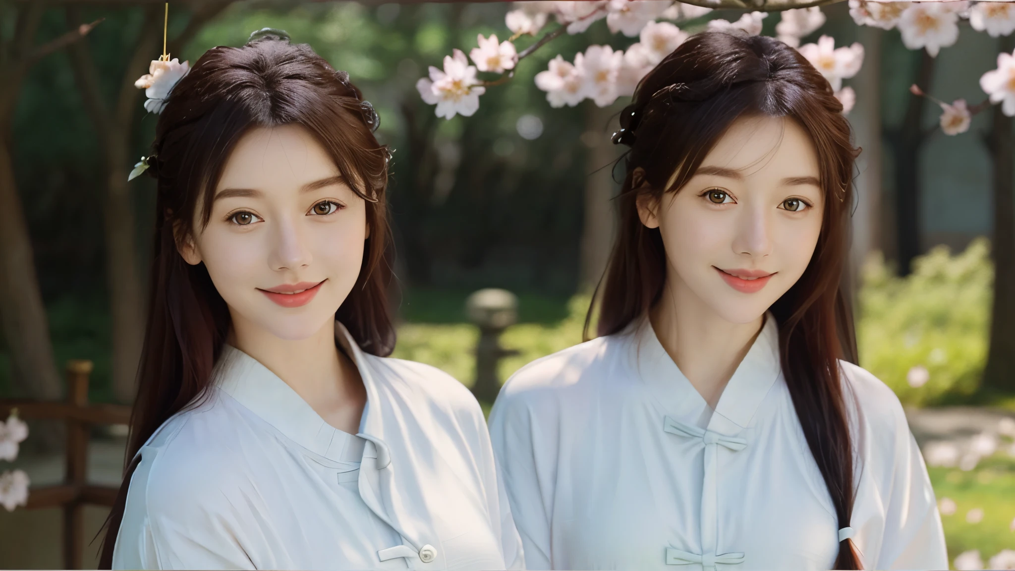 Instagram pictures, a French Girl, Shoulder length hair, with light blonde hair, Close-up photo, Walking in a public garden with cherry blossom, Japan, smiling a little,
