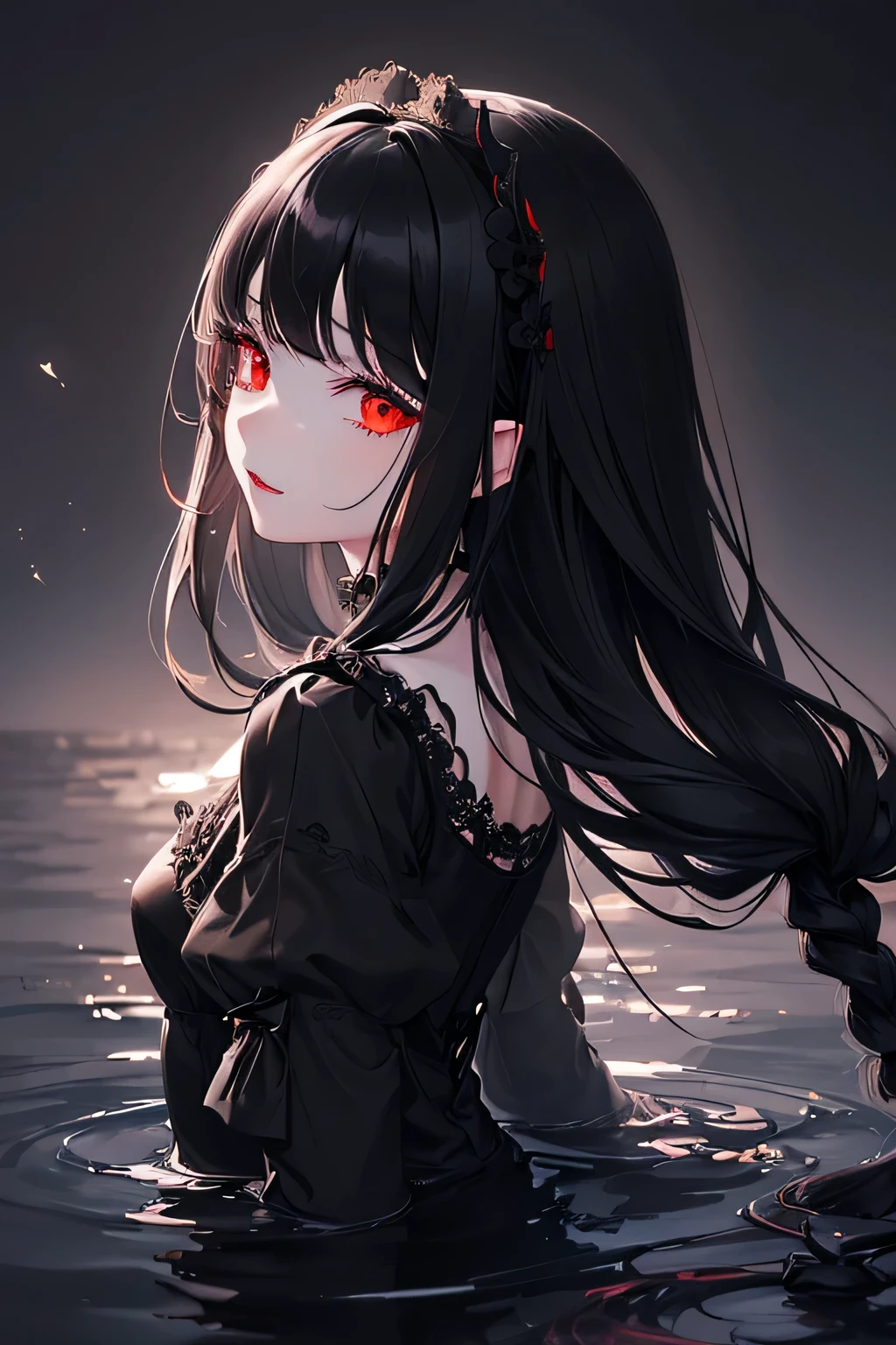 1 girl,Depp's Sense,confused,catch light,Super beautiful illustration,water magic,((black color,long hairstyles:1.3)),dark dark eyeshadow,bright red lipstick,Gothic Lolita,;d,beautiful and delicate hair,(((delicate and detailed red eyes))),light blue light effect,Aura of water