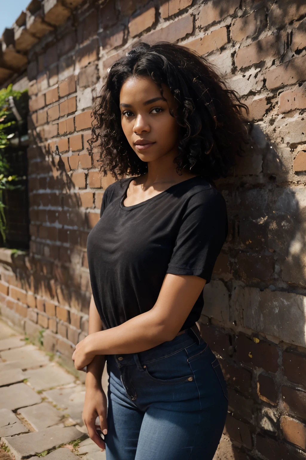 ((perfect photograph)), ((realistic)), ((8k)), (perfect face), gorgeous black woman with dark afro hair, wearing a straight long black t-shirt and dark jeans, standing towards the camera, sunny day in front of brick wall, torso facing camera, outdoors, lots of light, lots of plants, bright blue eyes