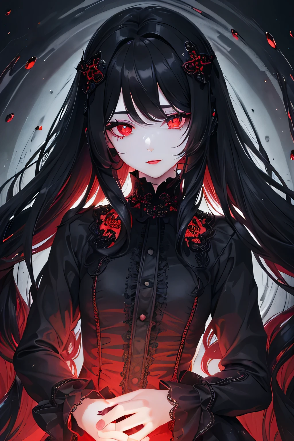 1 girl,Depp's Sense,confused,catch light,Super beautiful illustration,water magic,((black color,long hairstyles:1.3)),dark dark eyeshadow,bright red lipstick,Gothic Lolita,;d,beautiful and delicate hair,(((delicate and detailed red eyes))),light blue light effect,Aura of water
