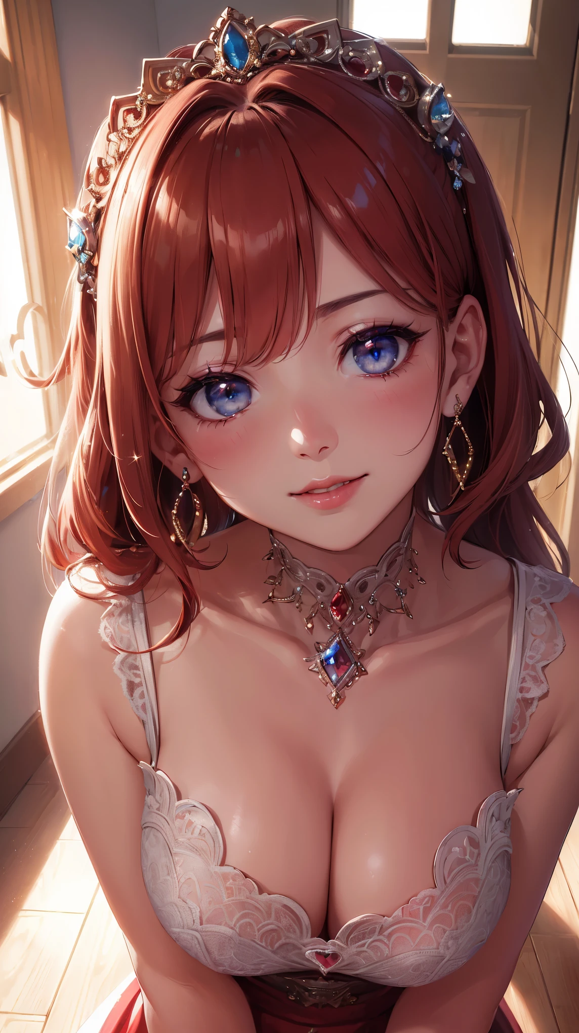 ((((UHD)))), ((((masterpiece)))), (((((super detail))))), high details, ((((high quality)))), ((((best quality)))), (((highres))), ((((16k)))), ((Shadows)), red hair, hair over shoulder, side swept bangs, tiara, jewelry, surgical mask, heart-shaped pupils, one eye closed, sparkling eyes, big beautiful light blue eyes, crystal earrings, grin, bright pupils, evil seductive smile, red lips, light blush, cheek-to-cheek, sparkle, god rays, backlighting, reflection light, bloom, dutch angle, perspective, from above, slighly furrowed brows