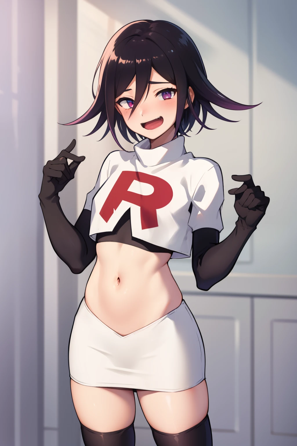 absurdres, cowboy shot, solo, male focus, trap, 1boy, crossdressing,1boy, oma kokichi, team rocket,team rocket uniform,white skirt,red letter R,crop top,black thigh-highs,black elbow gloves, evil laugh, blush