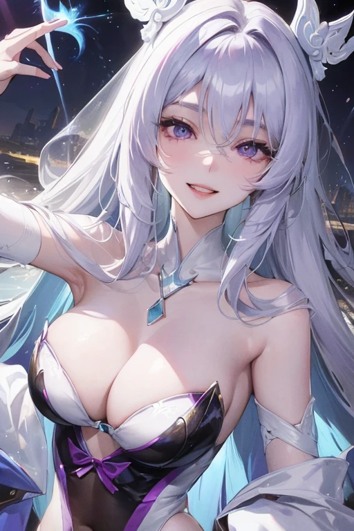 Official fine art,masterpiece,sharp focus,(Beautiful gorgeous lovely Korean women:1.3),(Beautiful and cute Koreans:1.3),Korean beauty,exquisite beautiful hair、eyes and face,realistically,super detailed,a beautiful girl,Glowing white particles,(side light:1.2),Sunlight,Detailed cloud,thin and long,cute big ass,Toothy smile,((smile and open your eyes)),landscape,long, straight hair, faciression,, dynamic hair, long, straight hair, Delicate brunette hair, luminescent purple eyes, (white swimsuits), Black, pale skin, hair accessories, 史诗般的landscape,sexy pose