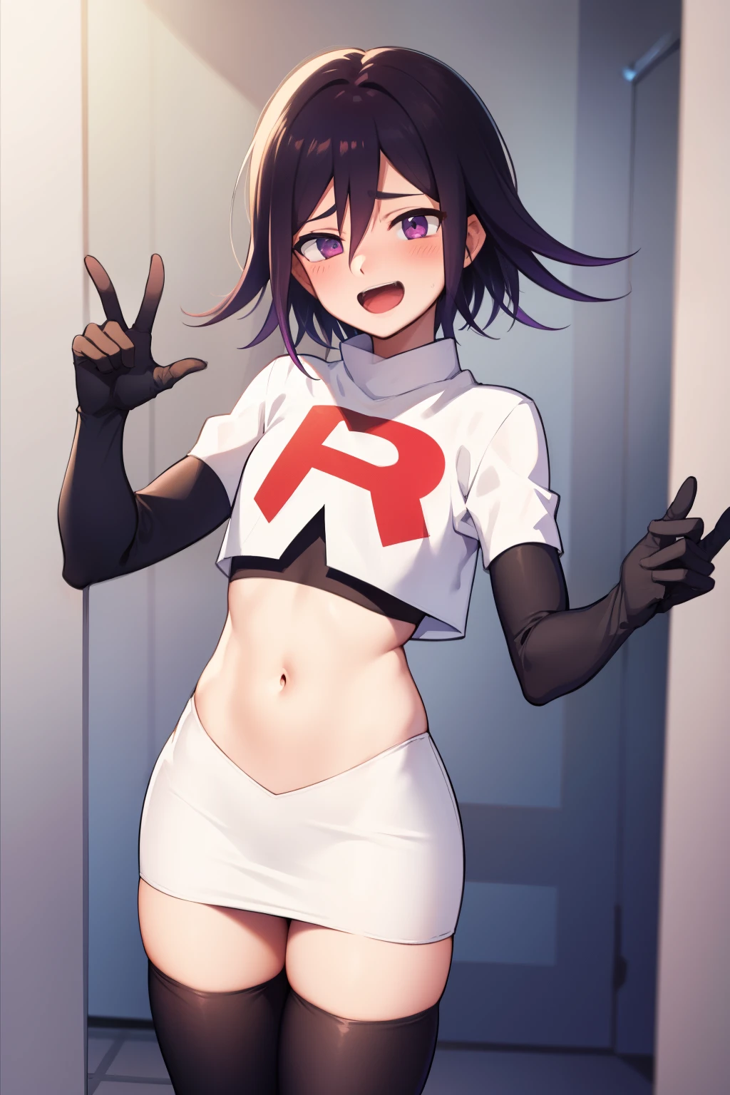 absurdres, cowboy shot, solo, male focus, trap, 1boy, crossdressing,1boy, oma kokichi, team rocket,team rocket uniform,white skirt,red letter R,crop top,black thigh-highs,black elbow gloves, evil laugh, blush