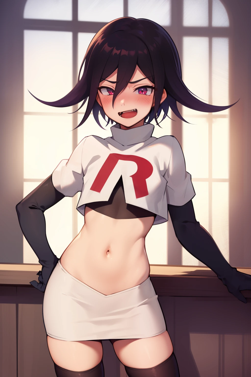 absurdres, cowboy shot, solo, male focus, trap, 1boy, crossdressing,1boy, oma kokichi, team rocket,team rocket uniform,white skirt,red letter R,crop top,black thigh-highs,black elbow gloves, evil laugh, blush