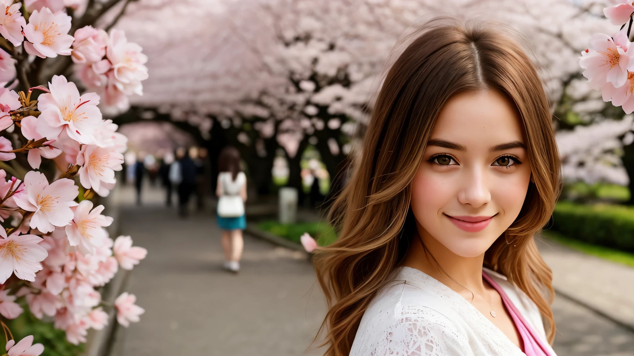 Instagram pictures, a French Girl, Shoulder length hair, with light blonde hair, Close-up photo, Walking in a public garden with cherry blossom, Japan, smiling a little,