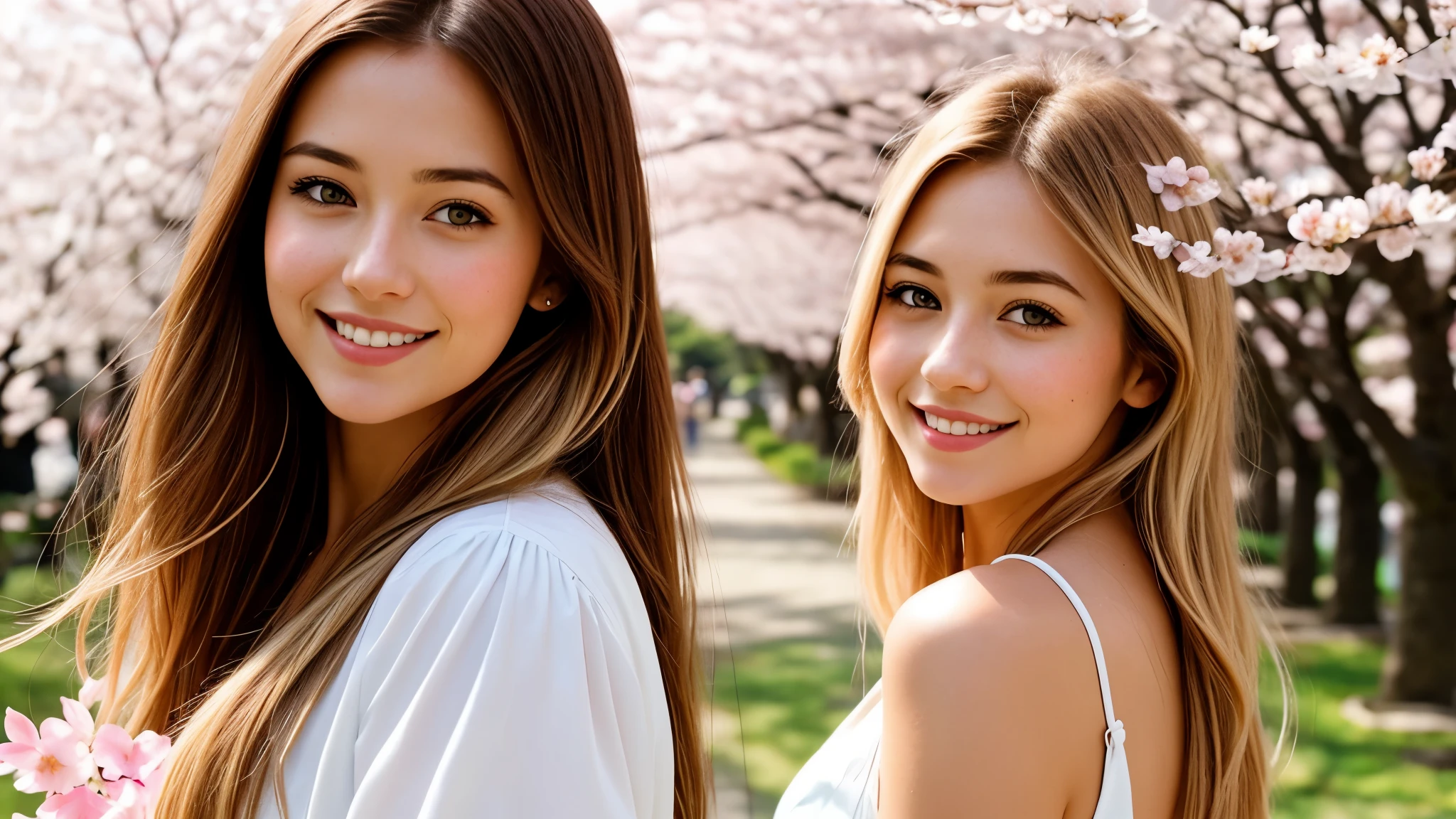 Instagram pictures, a French Girl, Shoulder length hair, with light blonde hair, Close-up photo, Walking in a public garden with cherry blossom, Japan, smiling a little,