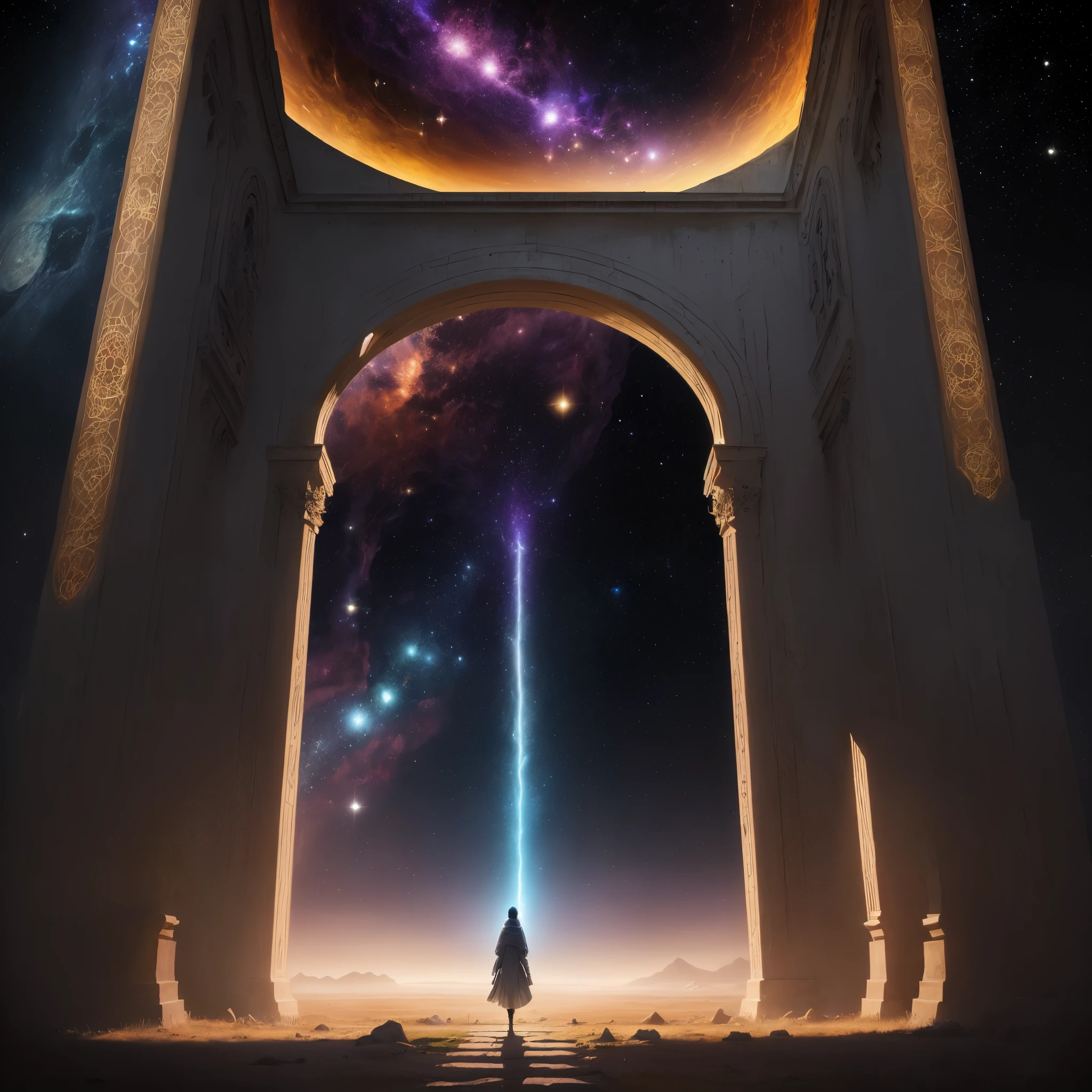 (best quality,4k,8k,highres,masterpiece:1.2),ultra-detailed,realistic:1.37,((Forgotten Gateway of Time and Space)),painting,ancient ruins,majestic arches,oceanic horizon,celestial constellations,enchanted atmosphere,dark mystique,fleeting shadows,distant galaxies,evocative colors,captivating aura,ethereal lighting,whispers of the past,mysterious energy,unearthly dimensions,echoes of forgotten civilizations,transcendent doorways,cosmic secrets,harmony of elements,numinous presence,serene silence,suspended in time,gravity-defying architecture,starry night sky,portal to other worlds,seamless blend of past and future,unveiling the passage of eternity,liminal space,boundary between realms,magical intersect.