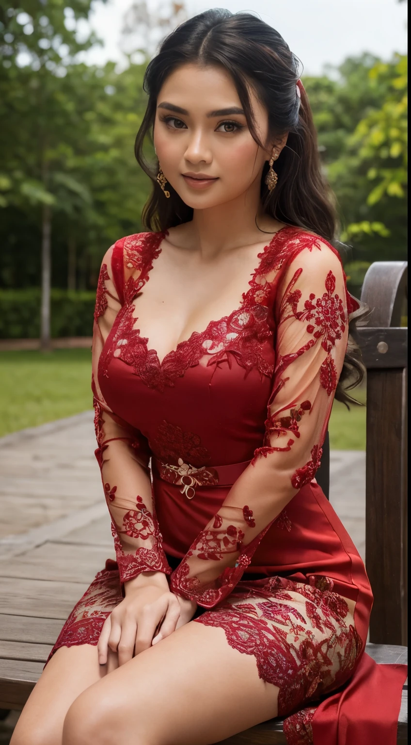 RAW, Best quality, high resolution, masterpiece: 1.3), beautiful Malay woman, Masterpiece, perfect fit body, big breasts, black chignon hair, open stand, Soft smile, thick thighs, woman sitting in the park in a dark red floral patterned kebaya dress, she is about 20 years old, pale skin Malay girl, smooth pink skin, beautiful woman, wearing a sexy red kebaya dress, beautiful Malay woman, 