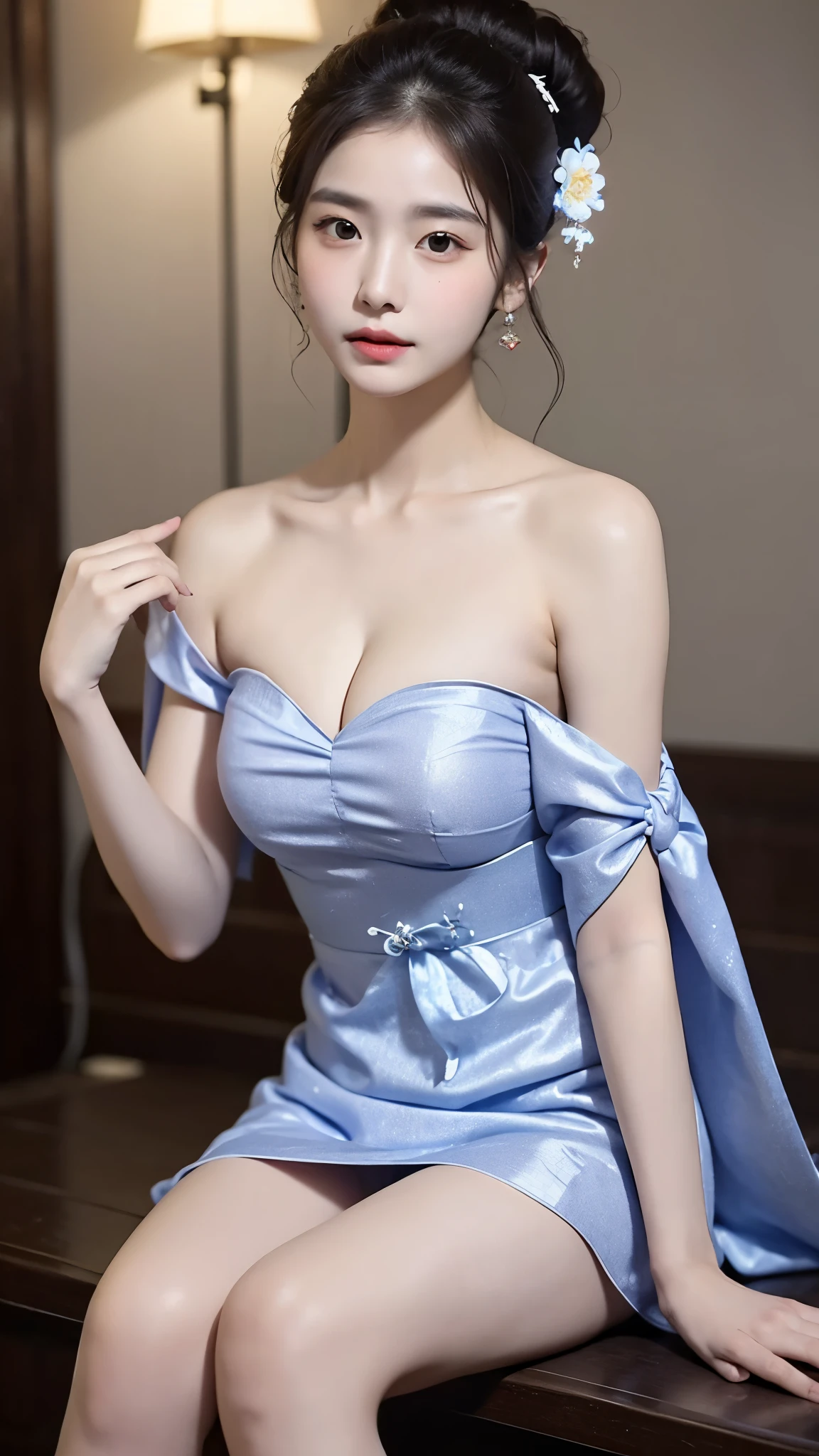 ((best quality, 8 thousand, masterpiece:1.4)), (1 25-year-old woman), ((very small face:1.3)), (glowing skin:1.5), (huge cleavage tits:1.4), Highly detailed face and skin texture, detailed eyes, sitting on the stone steps, Han bok, korean Han bok, Hanfu, Han bok apron, beautiful south Korean woman, traditional dress, traditional art, Korean woman, (Open shoulder strapless Korean traditional clothing:1.4), Oudong,