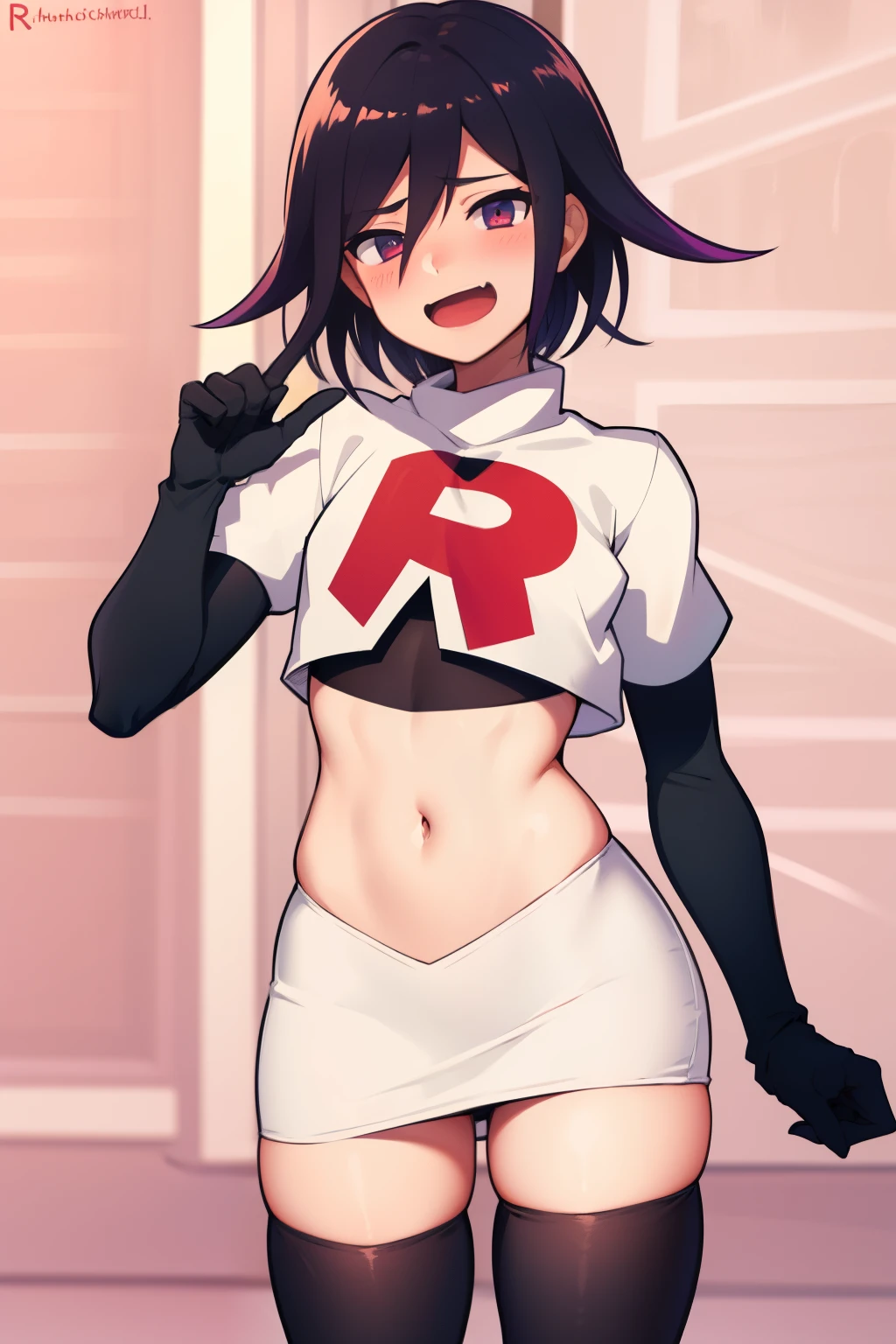 absurdres, cowboy shot, solo, male focus, trap, 1boy, crossdressing,1boy, oma kokichi, team rocket,team rocket uniform,white skirt,red letter R,crop top,black thigh-highs,black elbow gloves, evil laugh, blush