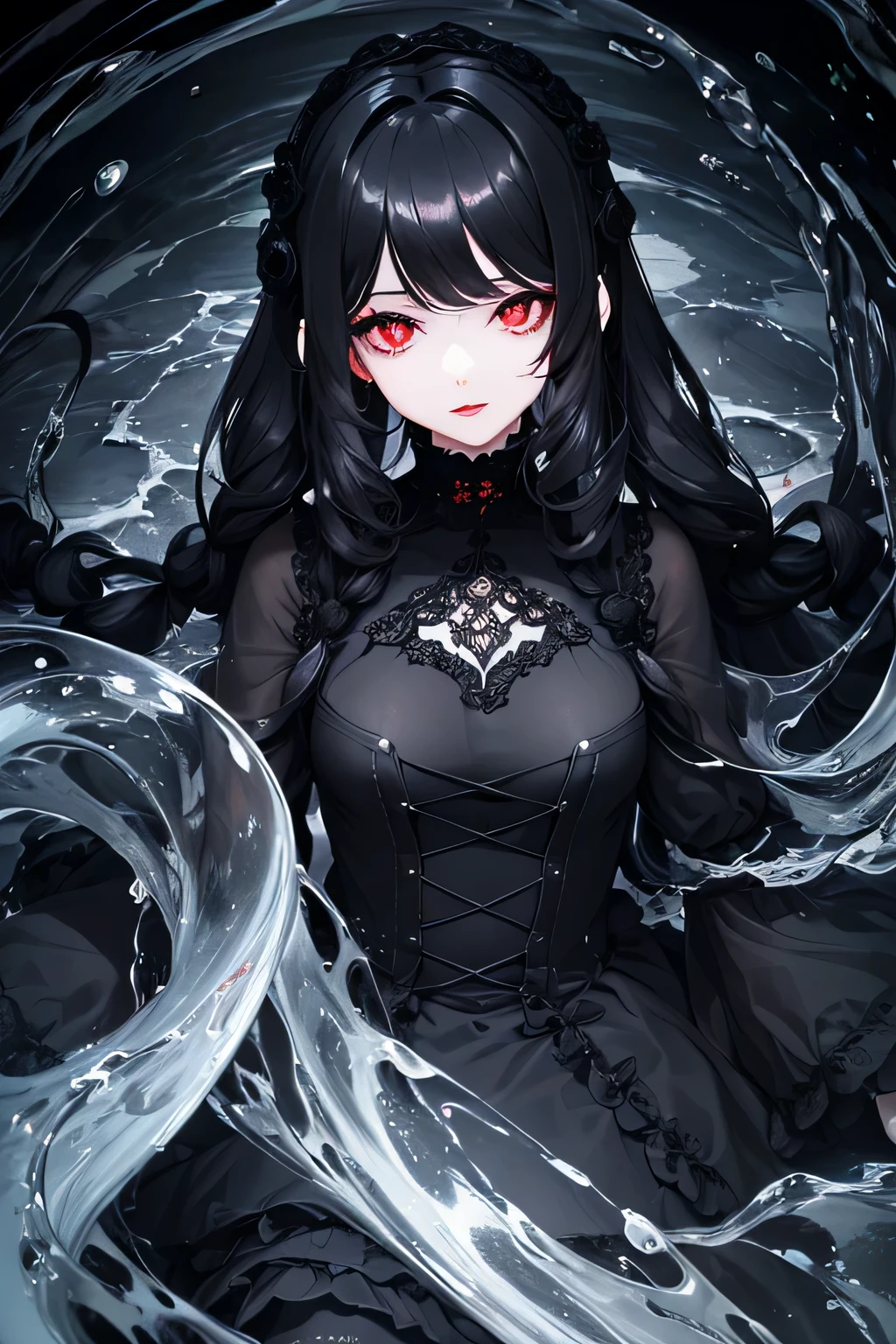 1 girl,Depp's Sense,confused,catch light,Super beautiful illustration,water magic,((black color,long hairstyles:1.3)),dark dark eyeshadow,bright red lipstick,Gothic Lolita,;d,beautiful and delicate hair,(((delicate and detailed red eyes))),light blue light effect,Aura of water