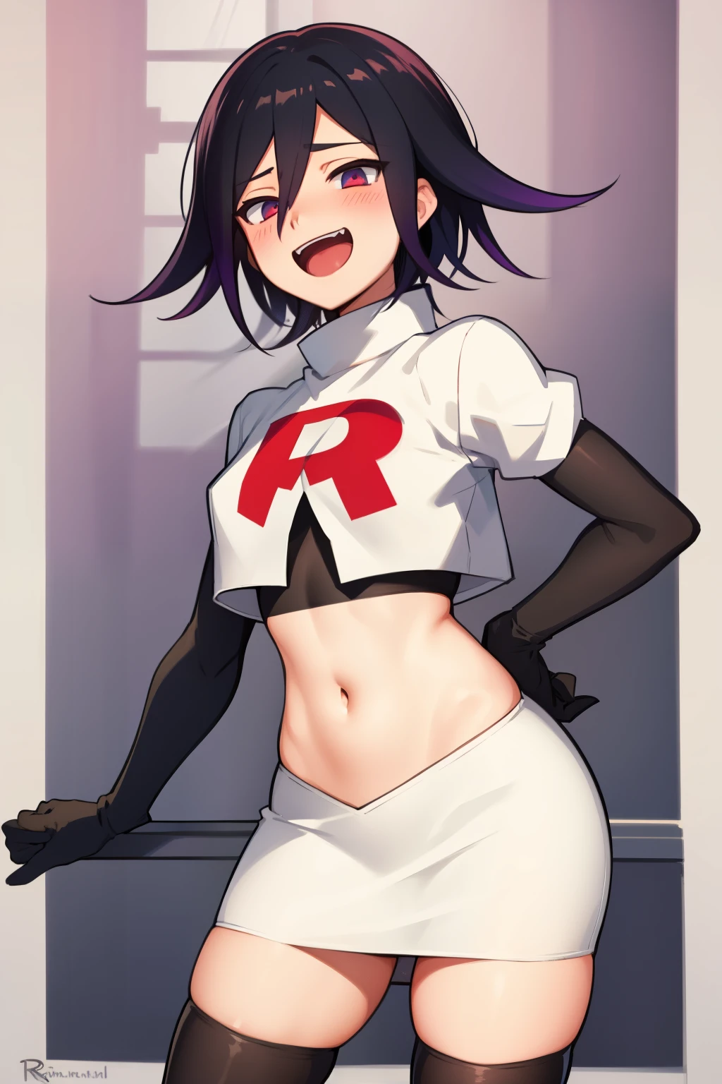 absurdres, cowboy shot, solo, male focus, trap, 1boy, crossdressing,1boy, oma kokichi, team rocket,team rocket uniform,white skirt,red letter R,crop top,black thigh-highs,black elbow gloves, evil laugh, blush