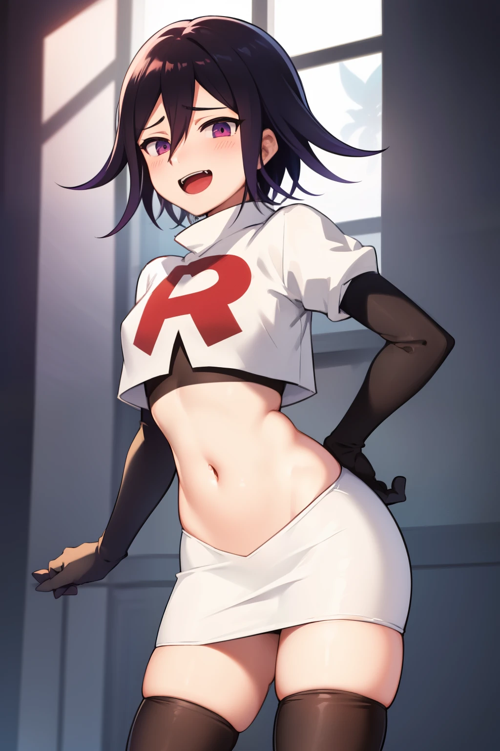 absurdres, cowboy shot, solo, male focus, trap, 1boy, crossdressing,1boy, oma kokichi, team rocket,team rocket uniform,white skirt,red letter R,crop top,black thigh-highs,black elbow gloves, evil laugh, blush