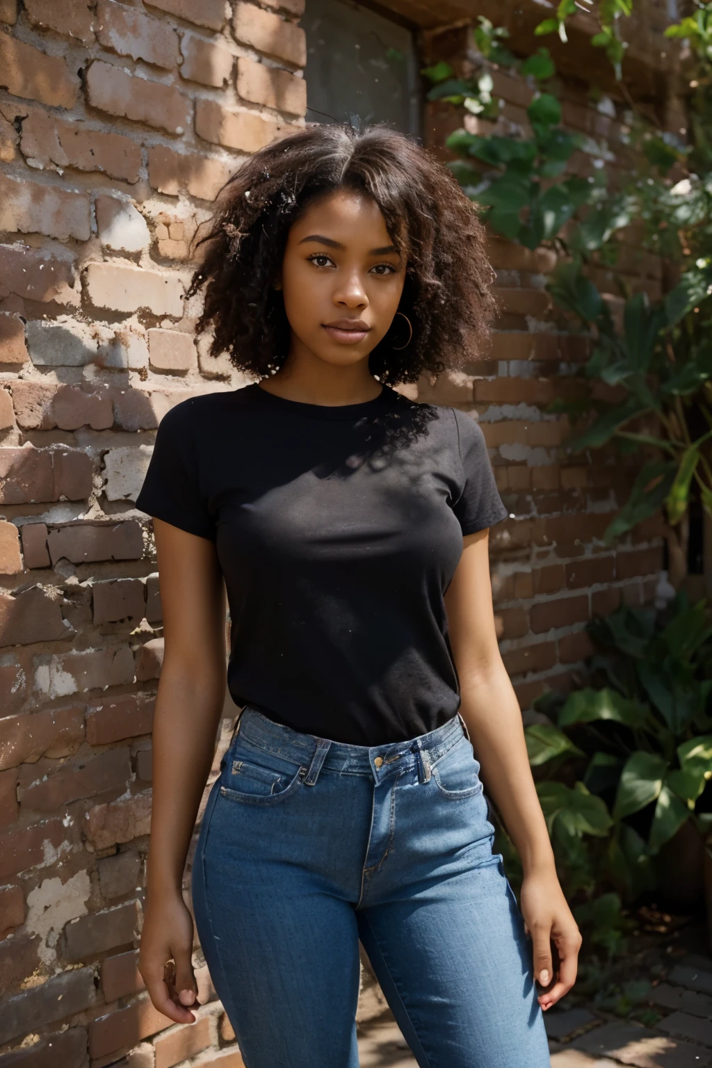 ((perfect photograph)), ((realistic)), ((8k)), (perfect face), gorgeous black woman with dark afro hair, wearing a straight long pink t-shirt and dark jeans, standing towards the camera, sunny day in front of brick wall, torso facing camera, outdoors, lots of light, lots of plants, bright blue eyes