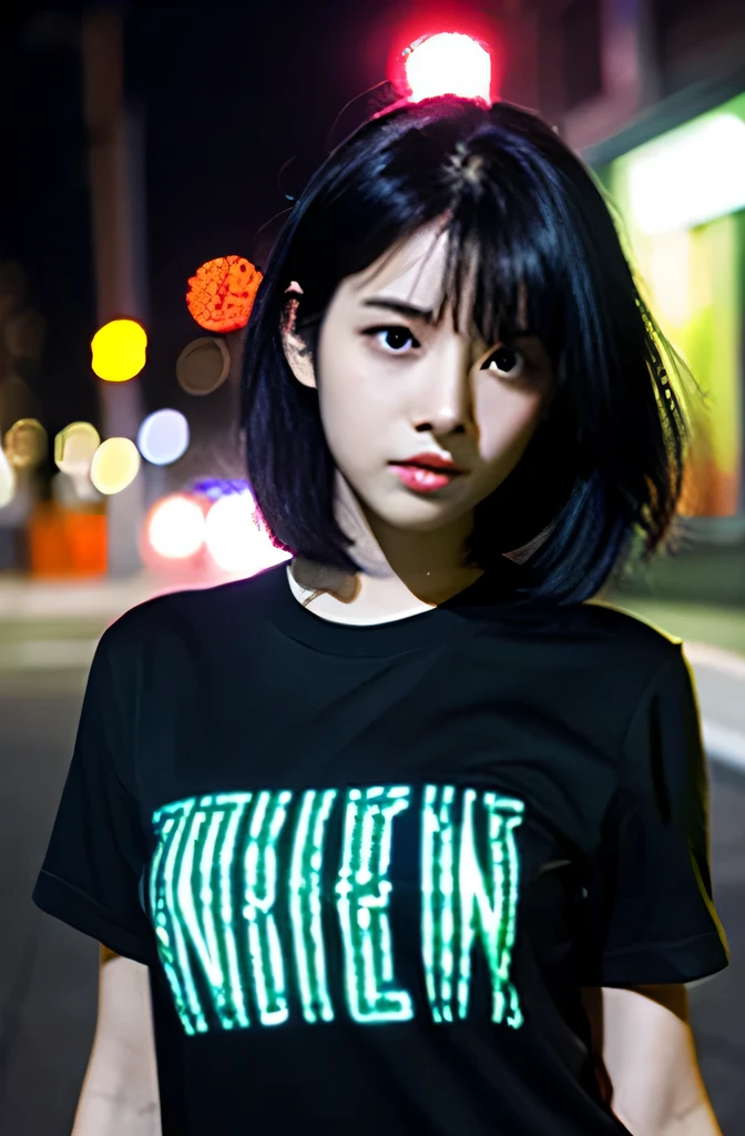 1 girl,Neon Street,black hair,black t-shirt,night