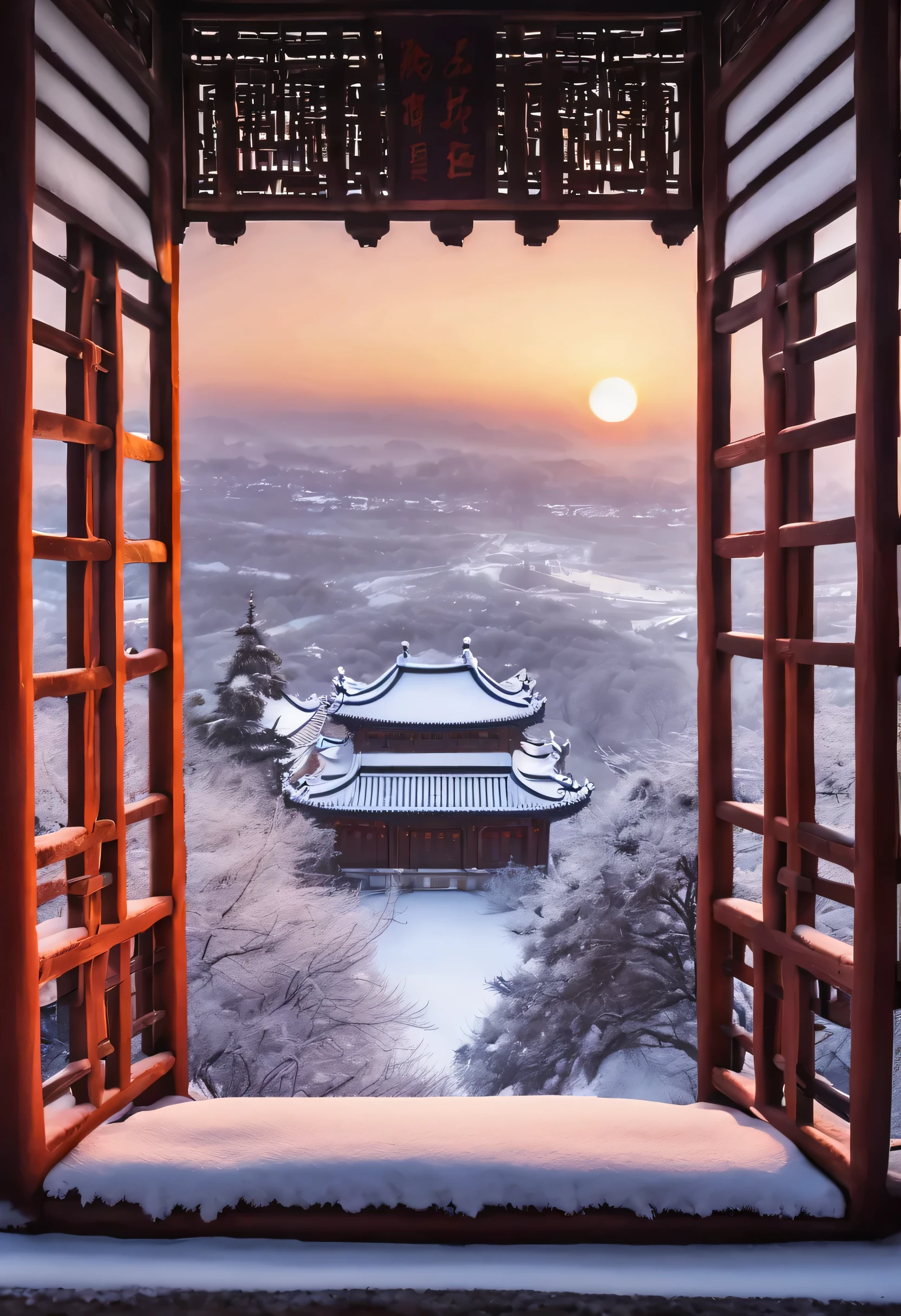 winter，mysterious oriental country，Chinese style castle，Sunset下的古城，ancient city，majestic，architecture，warm light，Rime，Beautiful ancient city scenery，（Sunset：1.37）。bird&#39;Eye view