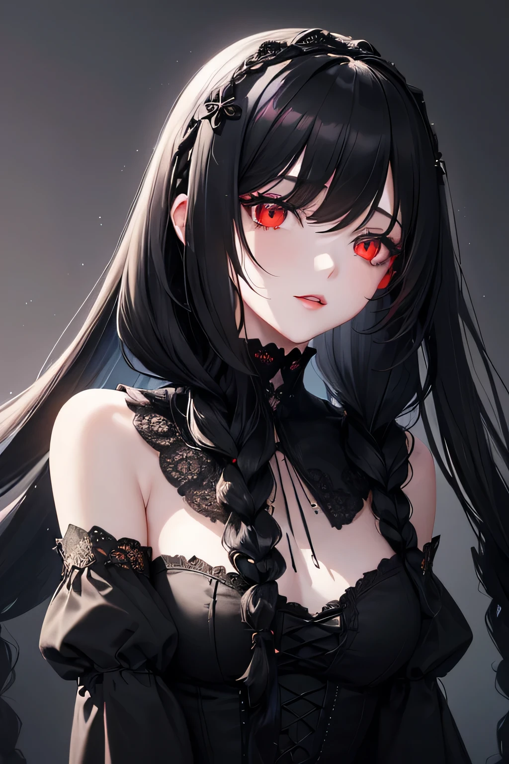 1 girl,Depp's Sense,confused,catch light,Super beautiful illustration,healing water,((black color,long hairstyles:1.3)),dark dark eyeshadow,bright red lipstick,Gothic ta,;d,beautiful and delicate hair,(((delicate and detailed red eyes))),light blue light effect,Aura of water