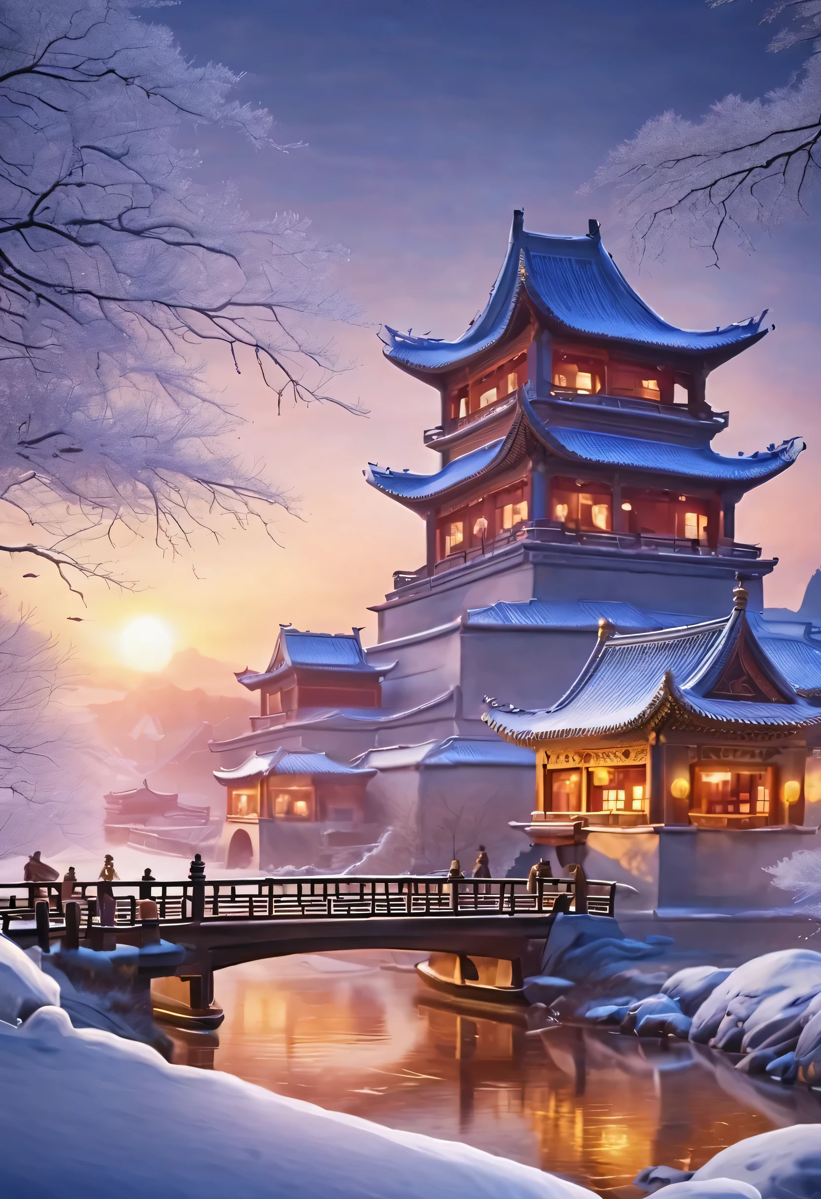 winter,mysterious oriental country,Chinese style castle,Sunset下的古城,ancient city,majestic,architecture,warm light,Rime,Beautiful ancient city scenery,(Sunset:1.37)。bird'Eye view