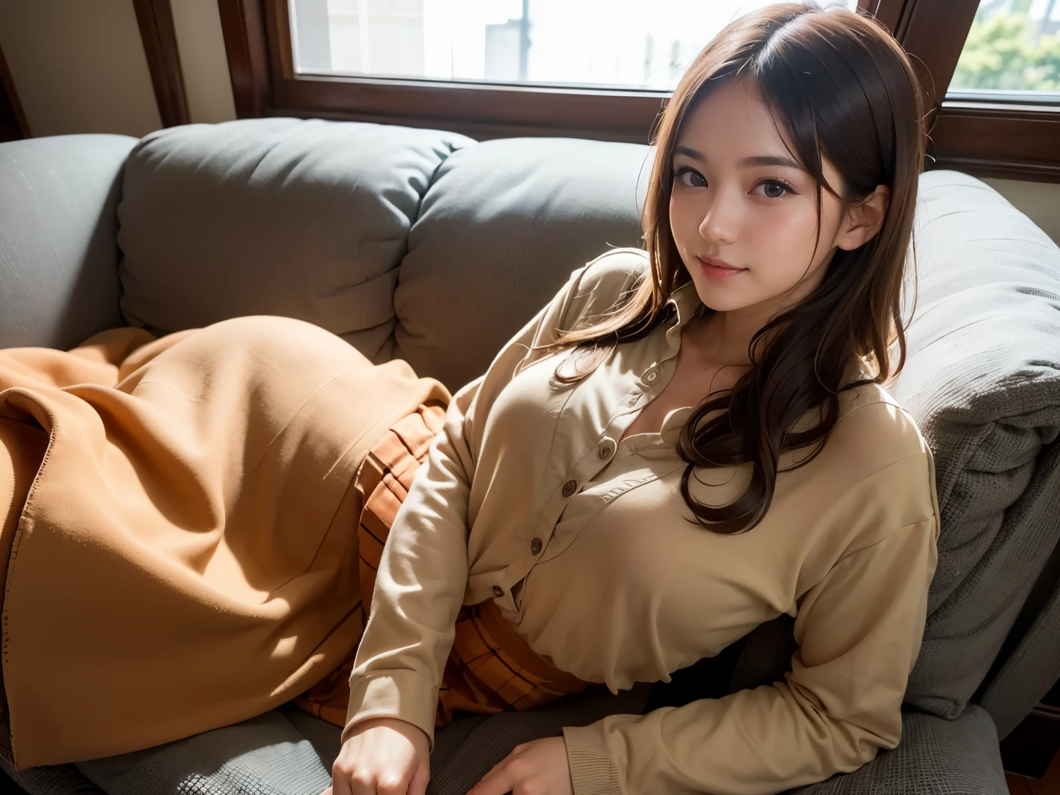 highest quality, face focus, soft light, (Depth of bounds written) ,ultra high resolution, (realistic:1.4), RAW photo, (moody lighting, night:1.2), Bedroom,
(bust up shot:1.4)
1 japanese girl, alone, cute, (shy, smile:1.1), (brown eyes), detailed beautiful face, (noon_hair),
(Recliner sofa:1.4)
(shirt:1.4,long skirt:1.4)