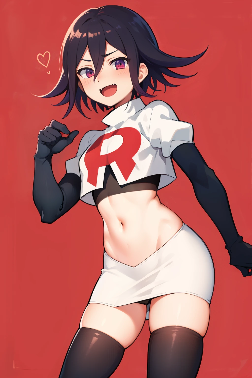 absurdres, cowboy shot, solo, male focus, trap, 1boy, crossdressing,1boy, oma kokichi, team rocket,team rocket uniform,white skirt,red letter R,crop top,black thigh-highs,black elbow gloves, evil laugh, blush