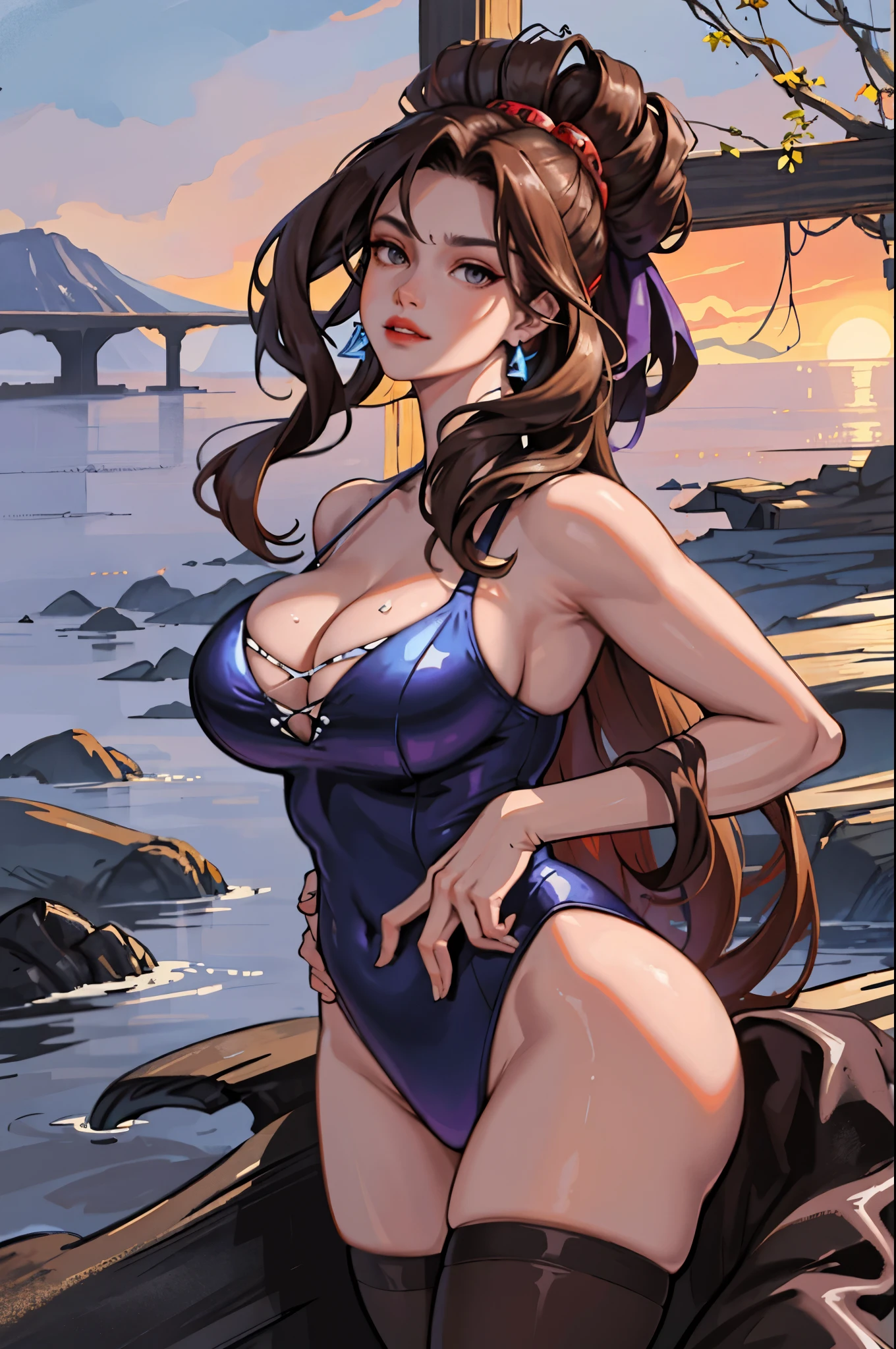 ((masterpiece), best quality, high quality, professional quality, highly detailed, highres, perfect lighting, natural lighting), style of joe maduereira,comics style,dskyart1, Being compressed or expanded, one-piece swimsuit, Heiress, Short, Thin, Triangular Face, Fair Skin, Dark Brown Hair, Amber Eyes, Narrow Nose, Full Lips, Prominent Chin, Shoulder-Length Hair, Wavy Hair, Formal Updo, asymmetrical breasts, Dangle earrings, lavender stain lipstick, Dripping liquid cascades, Misty river valley,visionary, cutting-edge laboratory, A volcanic planet with constant eruptions and rivers of lava, providing abundant geothermal energy for its inhabitants., Post-Apocalyptic Wasteland, vampire