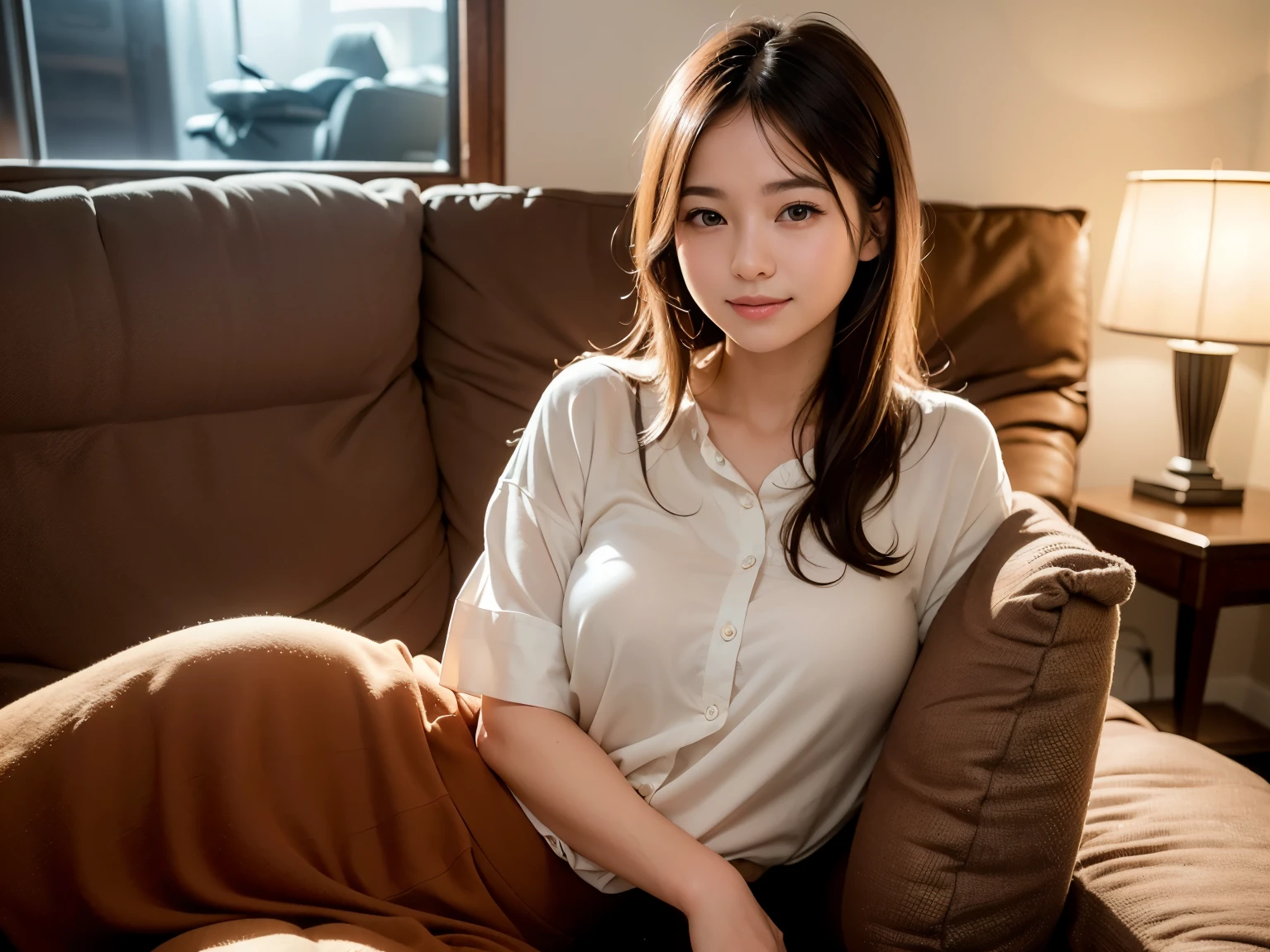 highest quality, face focus, soft light, (Depth of bounds written) ,ultra high resolution, (realistic:1.4), RAW photo, (moody lighting, night:1.2), Bedroom,
(bust up shot:1.4)
1 japanese girl, alone, cute, (shy, smile:1.1), (brown eyes),  detailed beautiful face, (noon_hair),
(Recliner sofa:1.4)
(shirt:1.4,long skirt:1.4)
