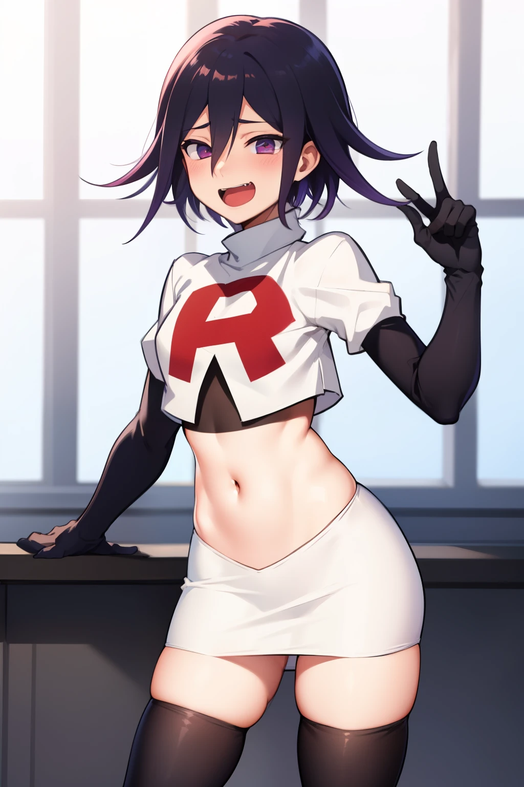 absurdres, cowboy shot, solo, male focus, trap, 1boy, crossdressing,1boy, oma kokichi, team rocket,team rocket uniform,white skirt,red letter R,crop top,black thigh-highs,black elbow gloves, evil laugh, blush