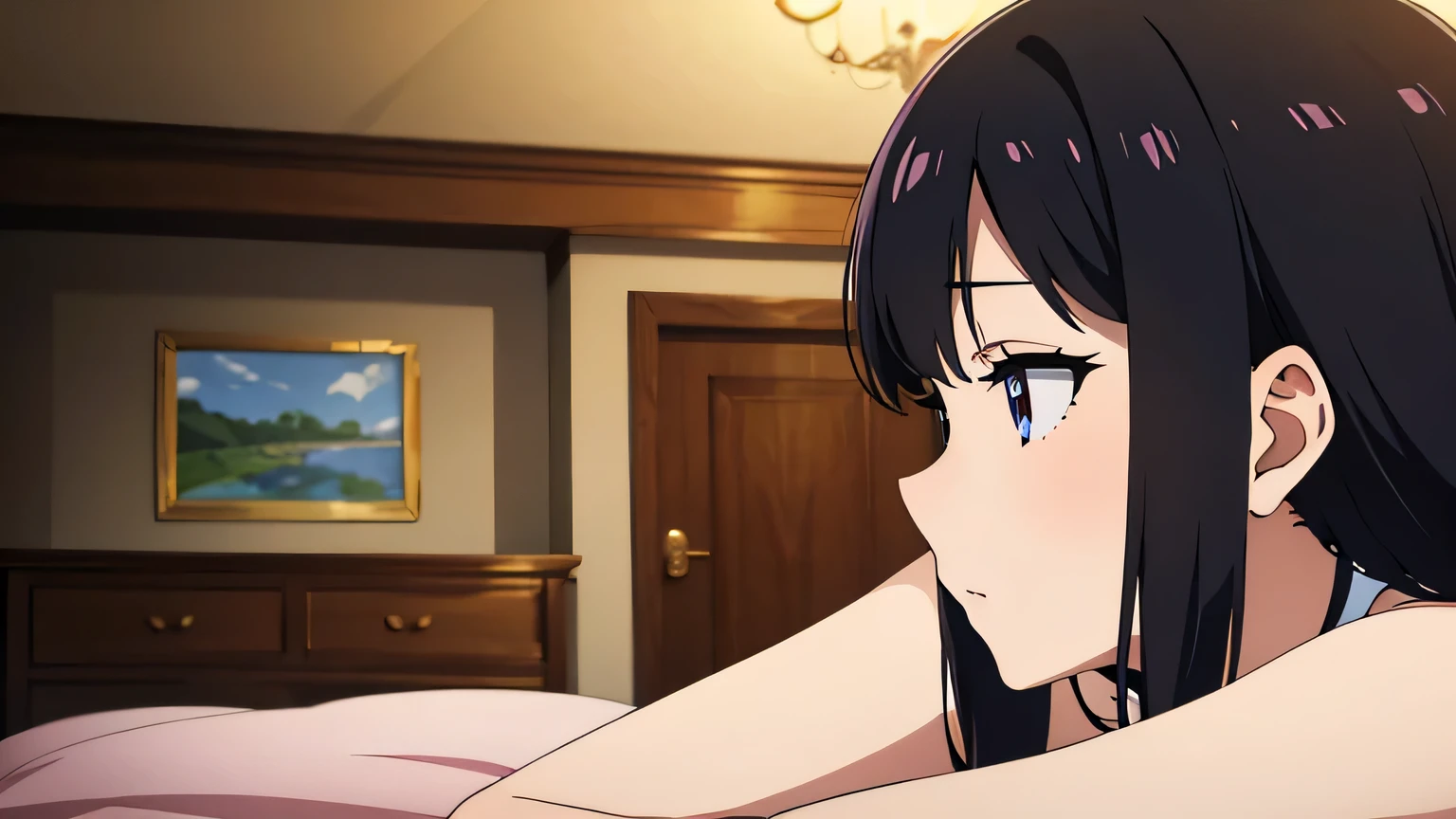 (1 girl with beautiful face) in big bedroom, castle bedrrom, princess, black hair, ggroaned to the extent that a small wrinkle grew on the tip of her nose, best anime artstyle, 4k illustration