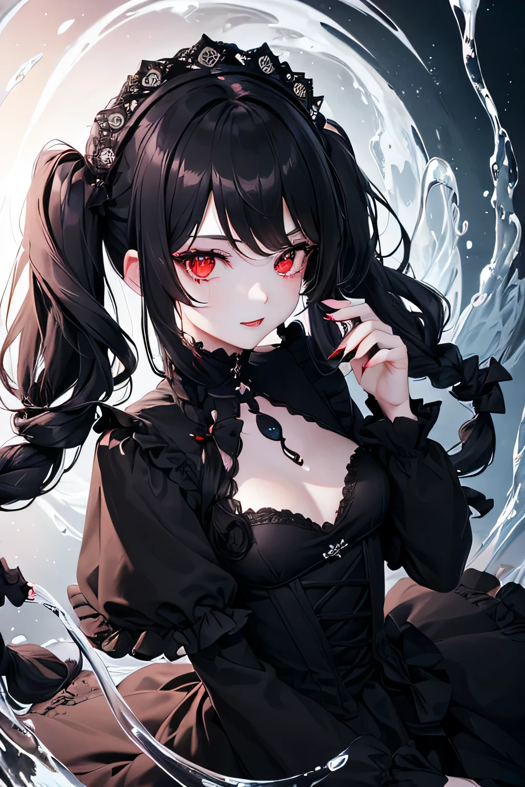 1 girl,Depp's Sense,confused,catch light,Super beautiful illustration,water orb,((black color,long hairstyles:1.3)),dark dark eyeshadow,bright red lipstick,Gothic Lolita,;d,beautiful and delicate hair,(((delicate and detailed red eyes))),light blue light effect,Aura of water