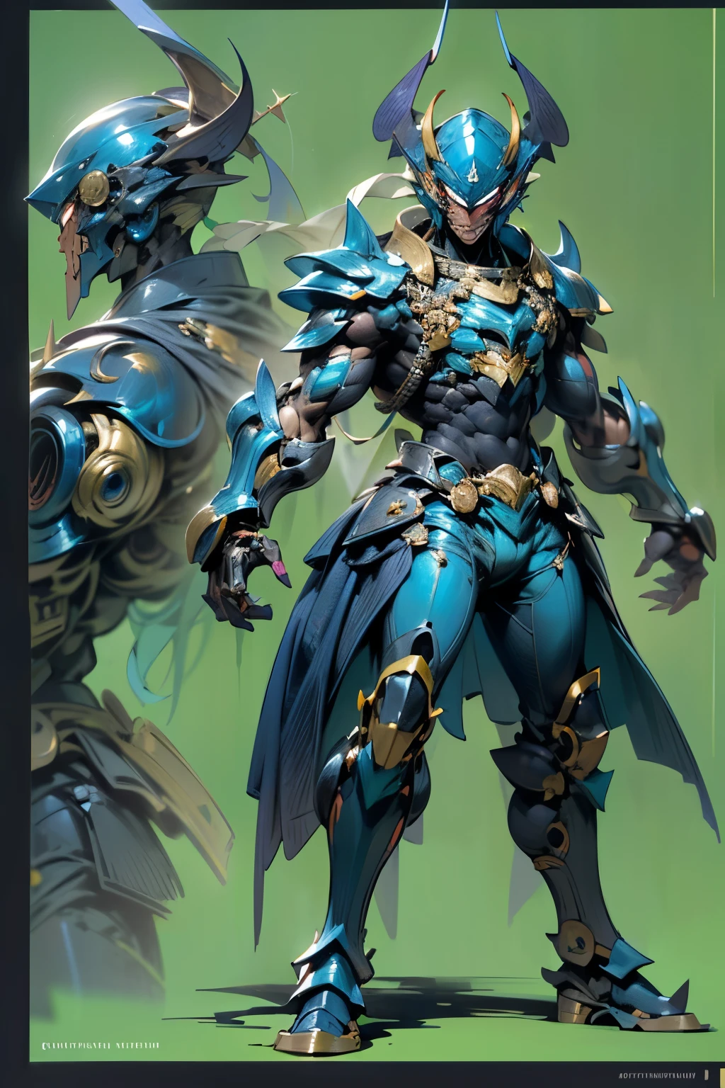 1 dark-skinned Haitian male astral warrior, slim low-profile two-tone black-and-blue jewel encrusted armor, semi-mechanical, partially armored, stagbeetle superhero, athletic build, light metal, mechanical marvel, guardian, dark anti hero, bloody pacifist, absurdres, high resolution, ultrasharp, 8k, masterpiece