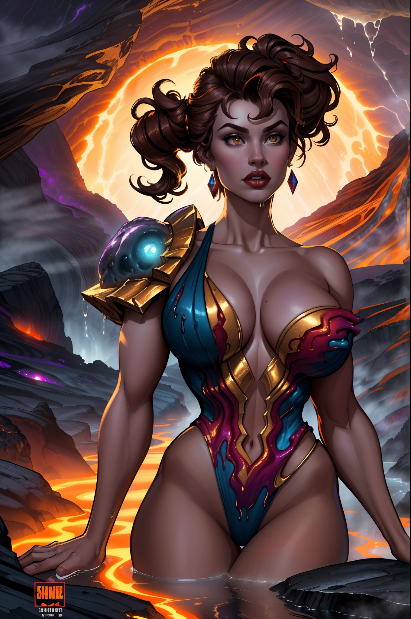 ((masterpiece), best quality, high quality, professional quality, highly detailed, highres, perfect lighting, natural lighting), style of joe maduereira,comics style,dskyart1, Being compressed or expanded, one-piece swimsuit, Heiress, Short, Thin, Triangular Face, Fair Skin, Dark Brown Hair, Amber Eyes, Narrow Nose, Full Lips, Prominent Chin, Shoulder-Length Hair, Wavy Hair, Formal Updo, asymmetrical breasts, Dangle earrings, lavender stain lipstick, Dripping liquid cascades, Misty river valley,visionary, cutting-edge laboratory, A volcanic planet with constant eruptions and rivers of lava, providing abundant geothermal energy for its inhabitants., Post-Apocalyptic Wasteland, vampire