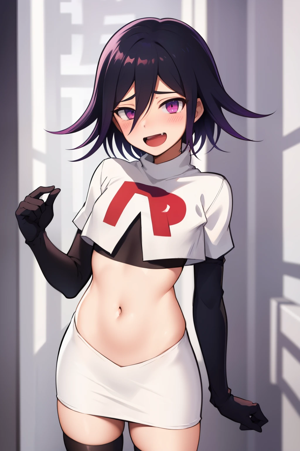 absurdres, cowboy shot, solo, male focus, trap, 1boy, crossdressing,1boy, oma kokichi, team rocket,team rocket uniform,white skirt,red letter R,crop top,black thigh-highs,black elbow gloves, evil laugh, blush