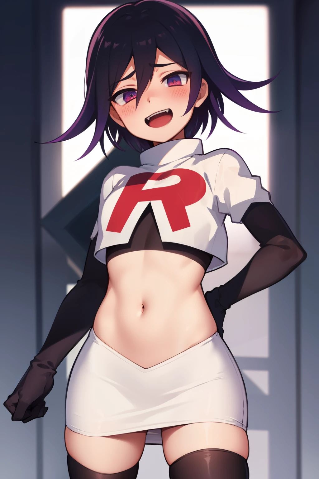 absurdres, cowboy shot, solo, male focus, trap, 1boy, crossdressing,1boy, oma kokichi, team rocket,team rocket uniform,white skirt,red letter R,crop top,black thigh-highs,black elbow gloves, evil laugh, blush