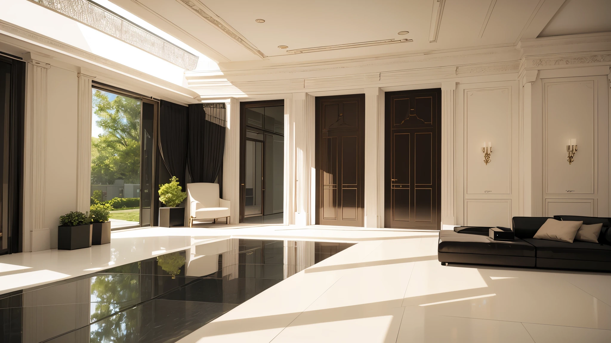 You are a famous interior designer、You have been asked to create a 3D image of a modern large room. Create a harmonious environment with modern and minimalist furniture. Including garden interior.