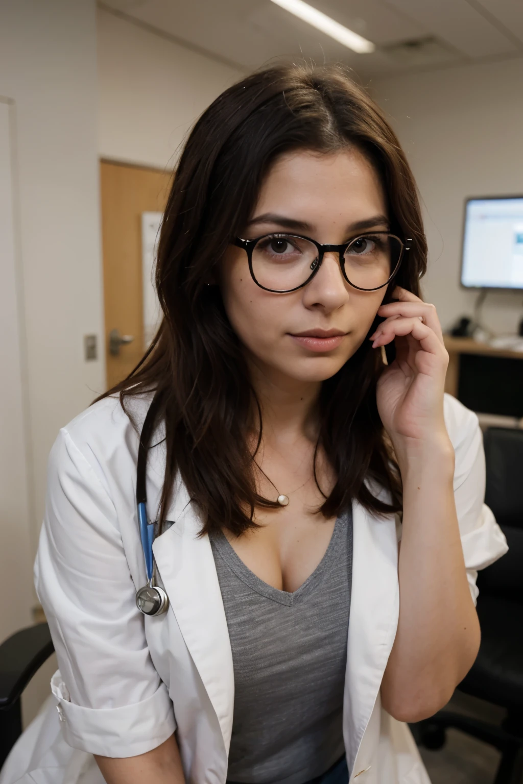 a young female doctor, 21 years old, wearing a white medical coat, sitting at a desk in a medical office, beautiful detailed face, curly hair, wearing glasses, large breasts, photorealistic, high quality, detailed, realistic