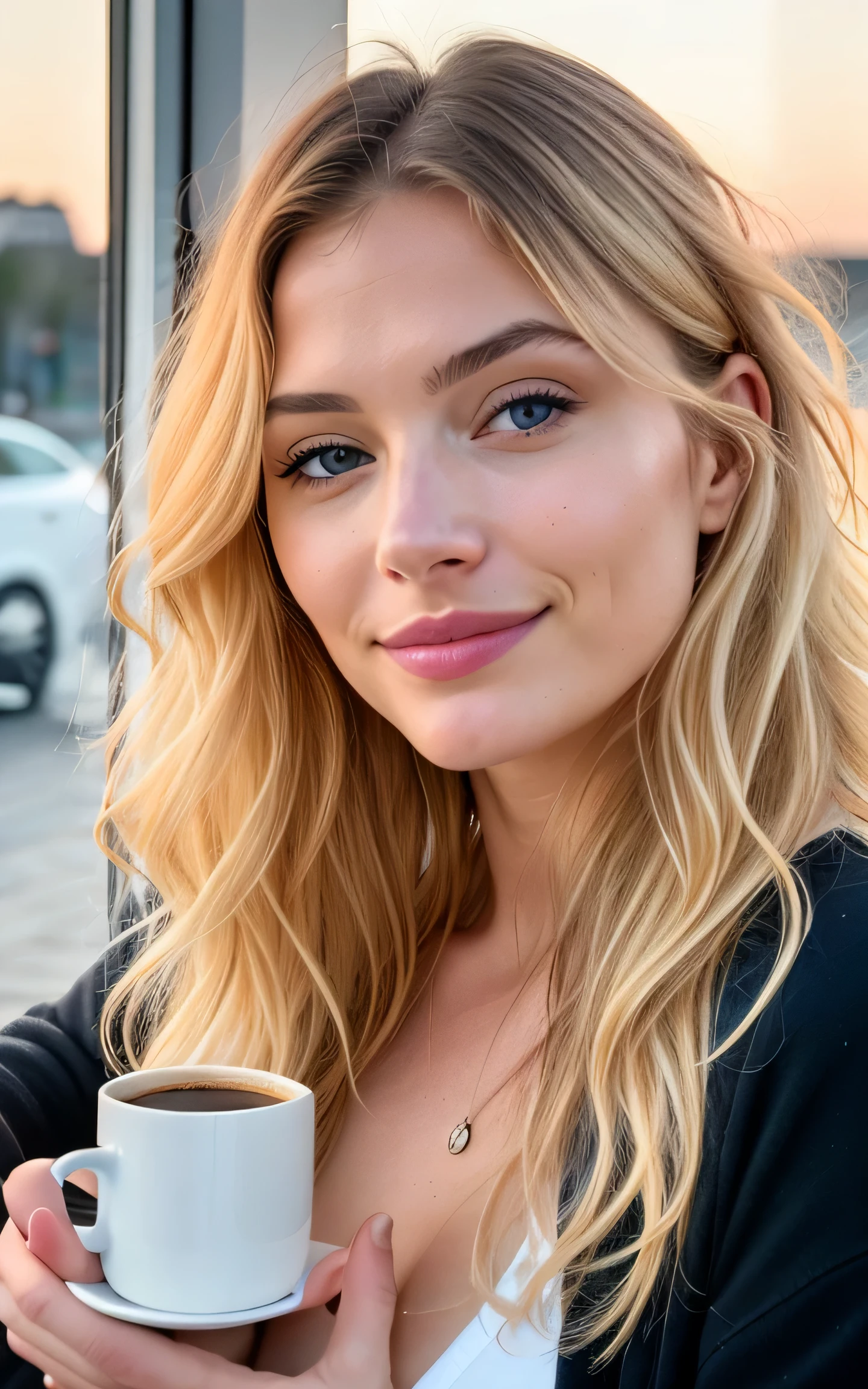 jolie belle blonde portant un pull jaune (drinking coffee in modern cafe at sunset), very detailed, 19 ans, visage innocent, natural wavy hair, yeux bleus, high resolution, chef-d&#39;ouvrages d&#39;art, best quality,intricate details, very detailed,acuity, detailed skin,Realistic skin texture,texture, detailed eyes, professionnel, 4k, Sourire charmeur, prise avec Canon, 85mm,faible profondeur de champ,couleur de vision kodak, perfectly fitted body, Extremely detailed, photo_\(Ultra\), photoRealistic, Realistic, Post-traitement, maximum detail, roughness, vrai vie, Ultra Realistic, Photorealism, la photographie, 8k euh, la photographie, soft lighting