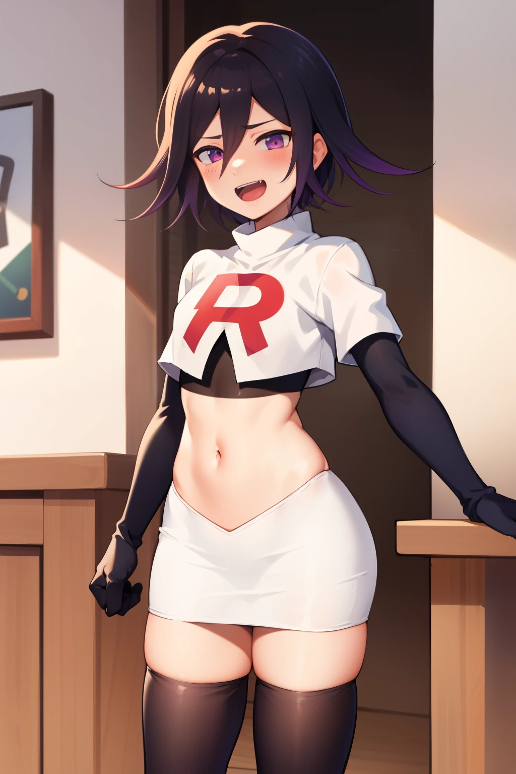 absurdres, cowboy shot, solo, male focus, trap, 1boy, crossdressing,1boy, oma kokichi, team rocket,team rocket uniform,white skirt,red letter R,crop top,black thigh-highs,black elbow gloves, evil laugh, blush