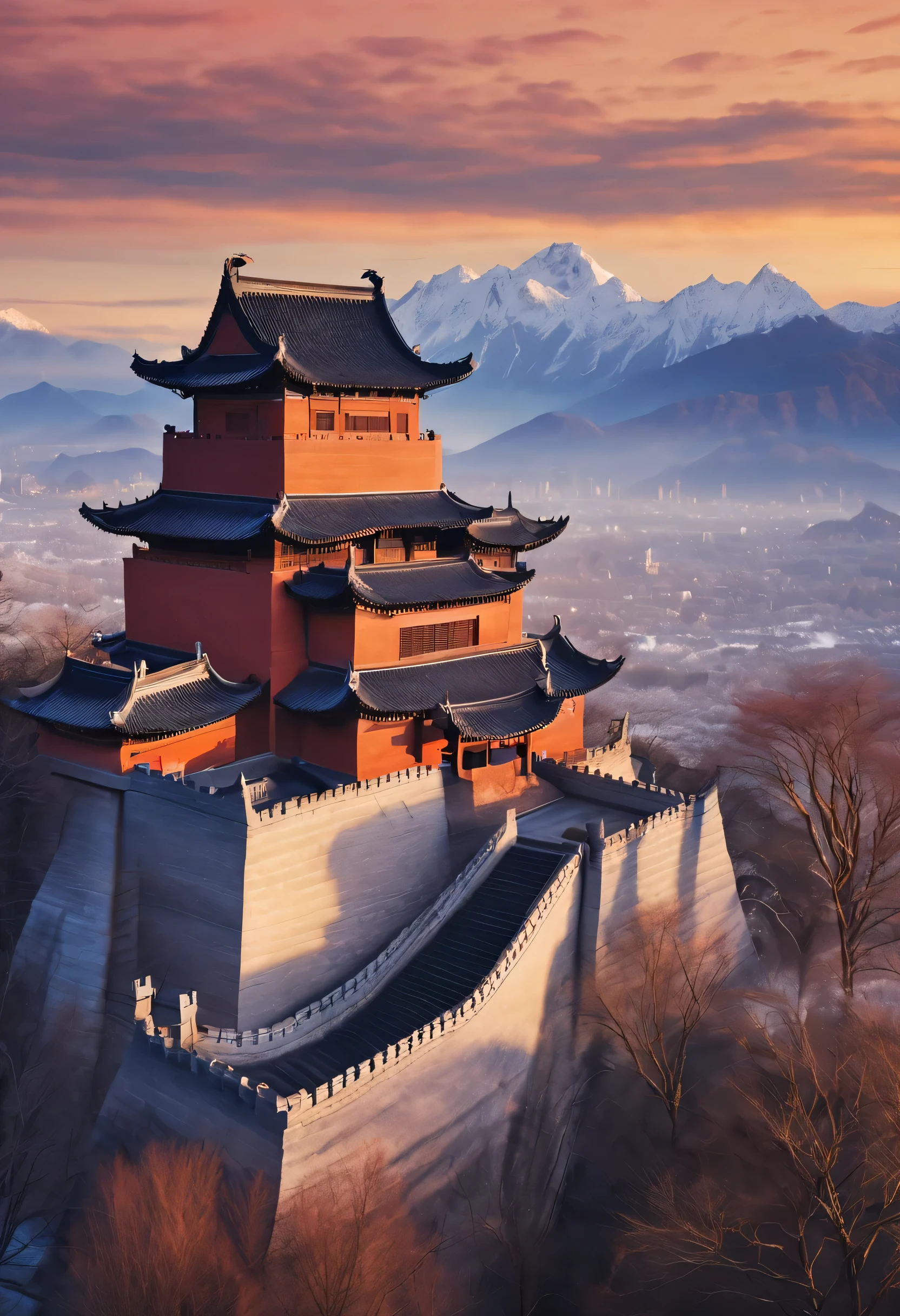winter，mysterious oriental country，Chinese style castle，Sunset下的古城，ancient city，majestic，architecture，warm light，Rime，Mountains in the distance，Beautiful ancient city scenery，（Sunset：1.37）。bird&#39;Eye view